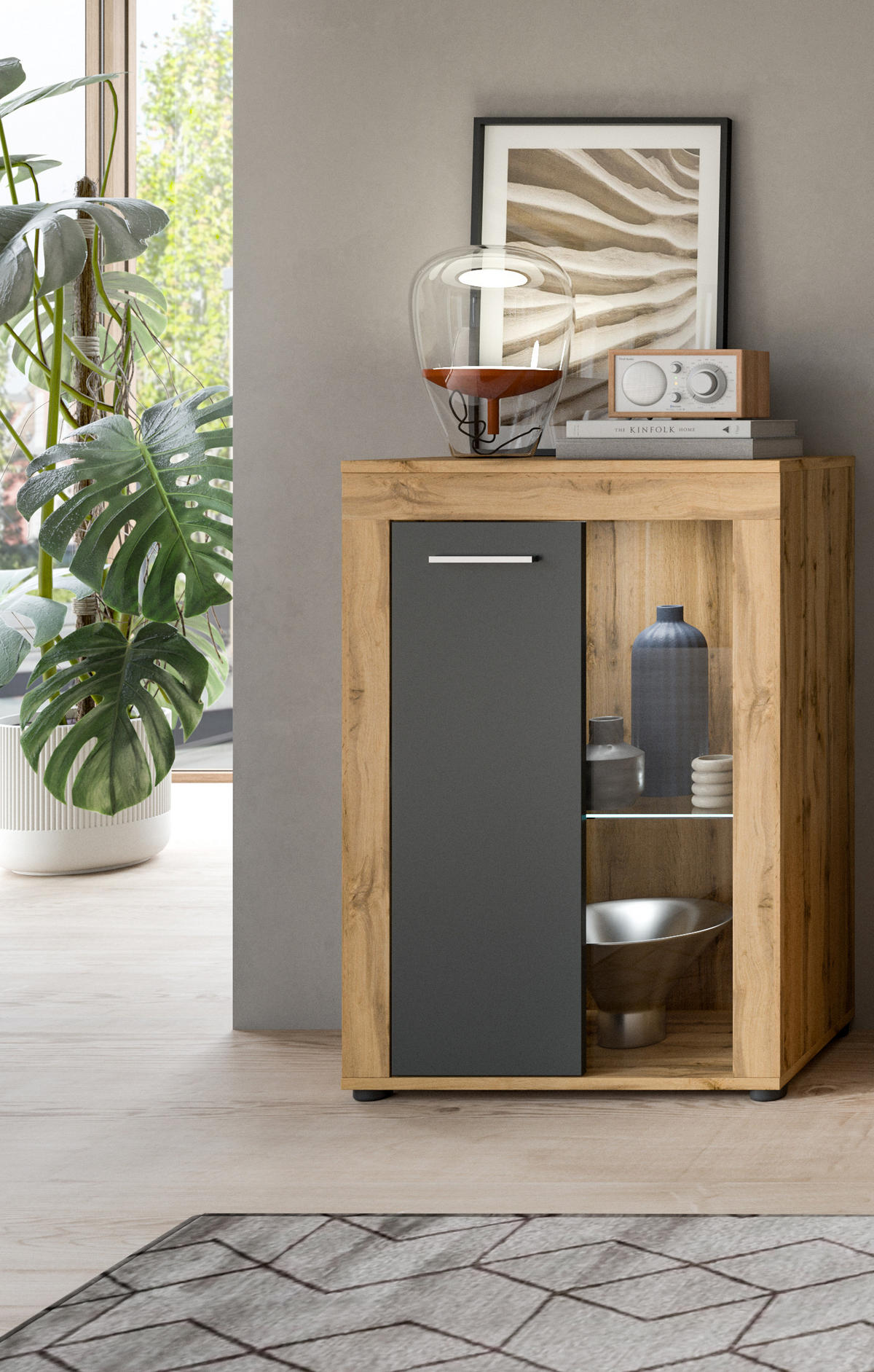 VITRINE JAM (B/H/T: ca. 60/86/35 cm) in Wotan Eiche Nachbildung/grau - Eiche Wotan, Holzwerkstoff (60/86/35cm)