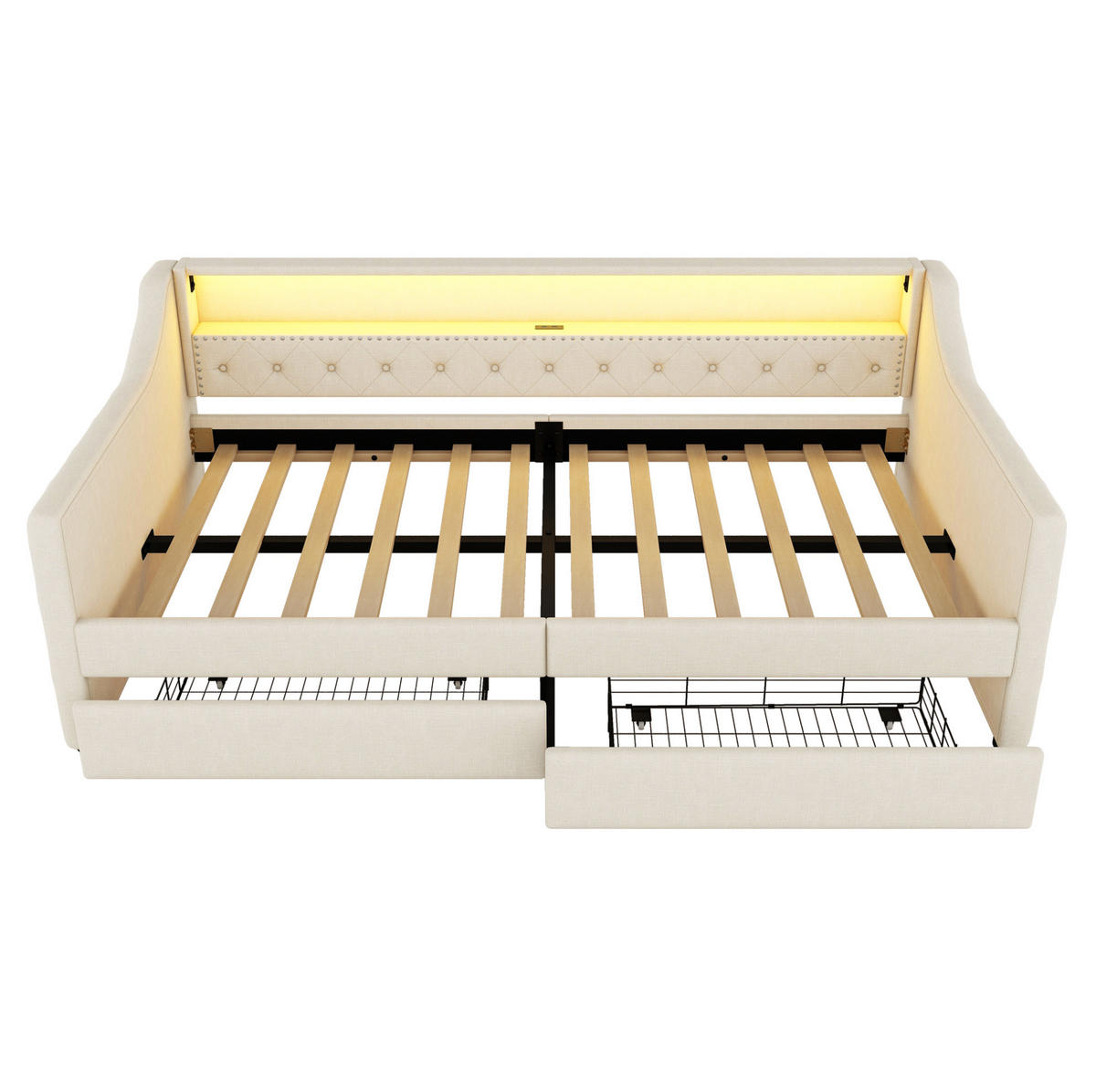 DNEVNI krevet 90/200 cm bež od lana i MDF-a s LED rasvjetom, USB priključkom i 2 ladice - bež, tekstil (90/200cm) - OKWISH