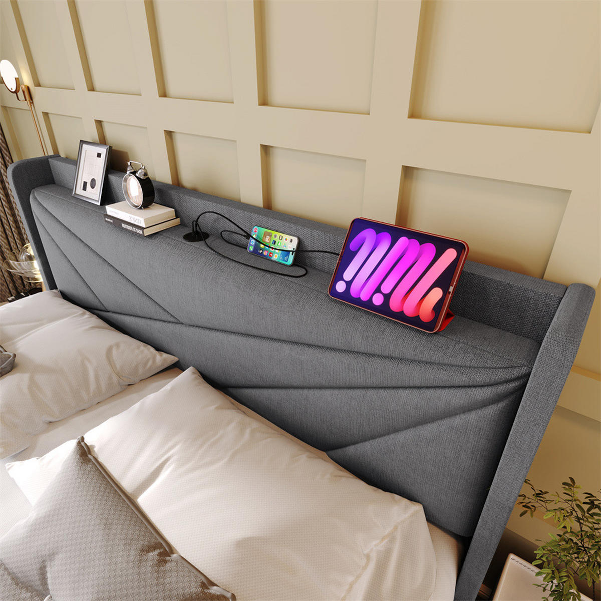 POLSTERBETT 140/200cm in Grau Leinen mit USB Typ C Ladefunktion Kopfteil - Grau, Holz/Textil (140/200cm) - KOMHTOM
