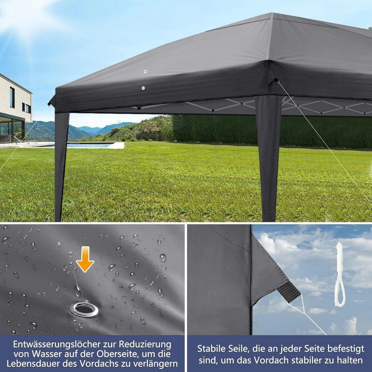 FALTPAVILLON 3 x 6 m Dunkelgrau mit 6 Seitenteilen - Anthrazit, Textil (300/268/600cm)