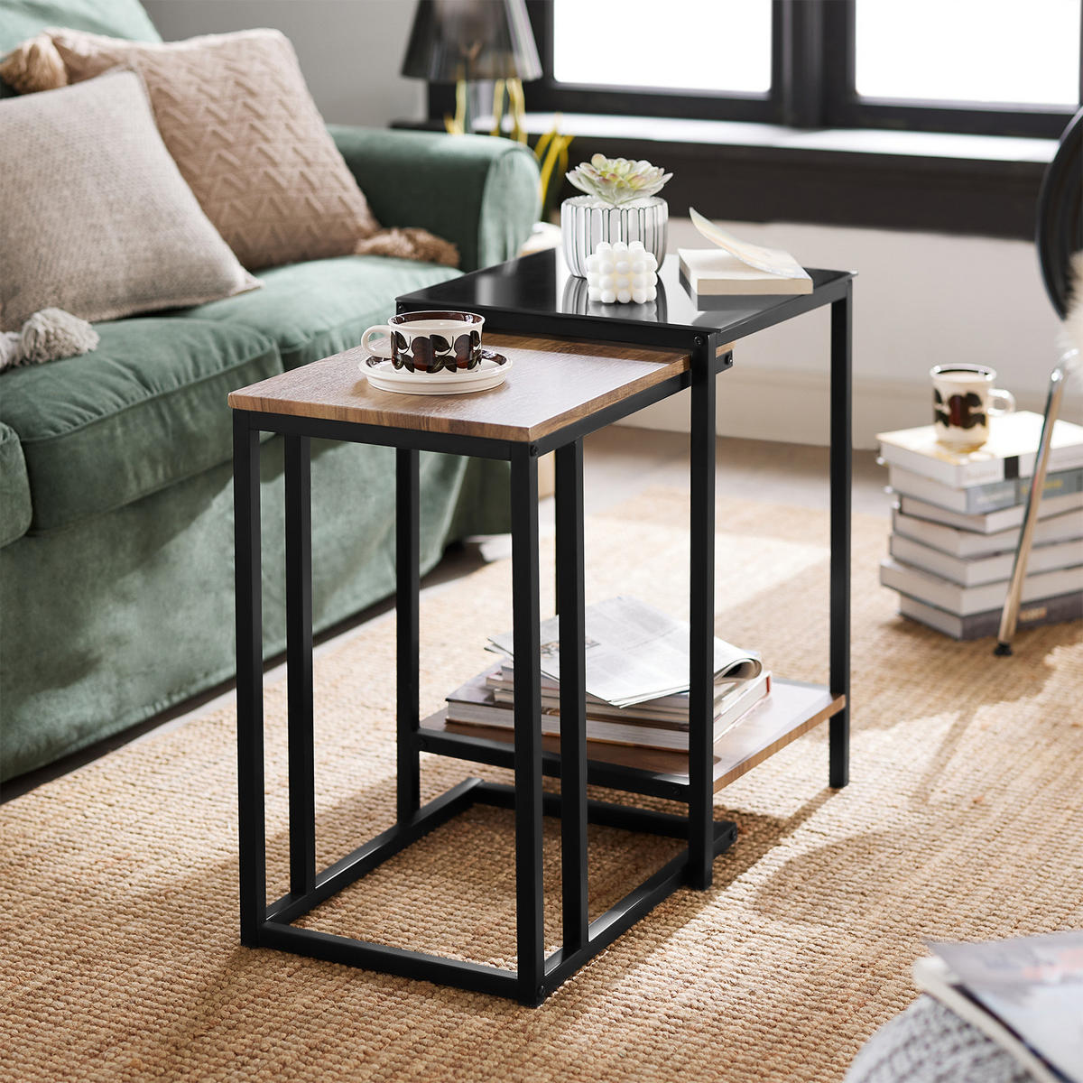 COUCHTISCH 2er Set Schwarz - Schwarz/Braun, Holzwerkstoff/Metall (40/40/60cm) - SoBuy
