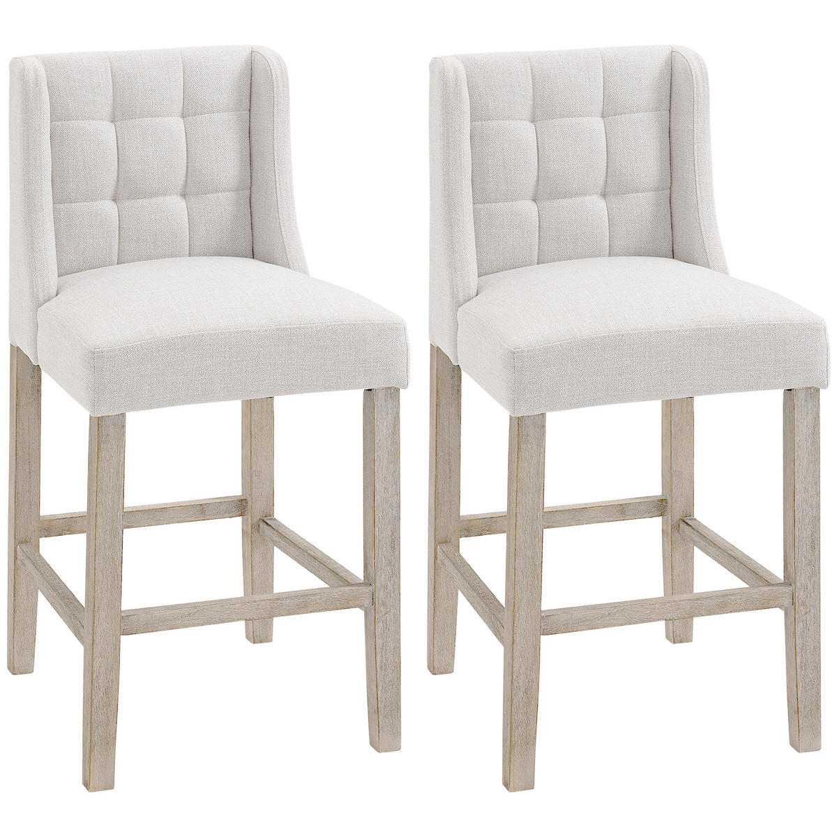BARHOCKER 2er-Set DE-08012 mit Knopfheftung, Massivholz, Fußstütze Grau - Beige, Holz (50/101/47cm) - ComfortXL