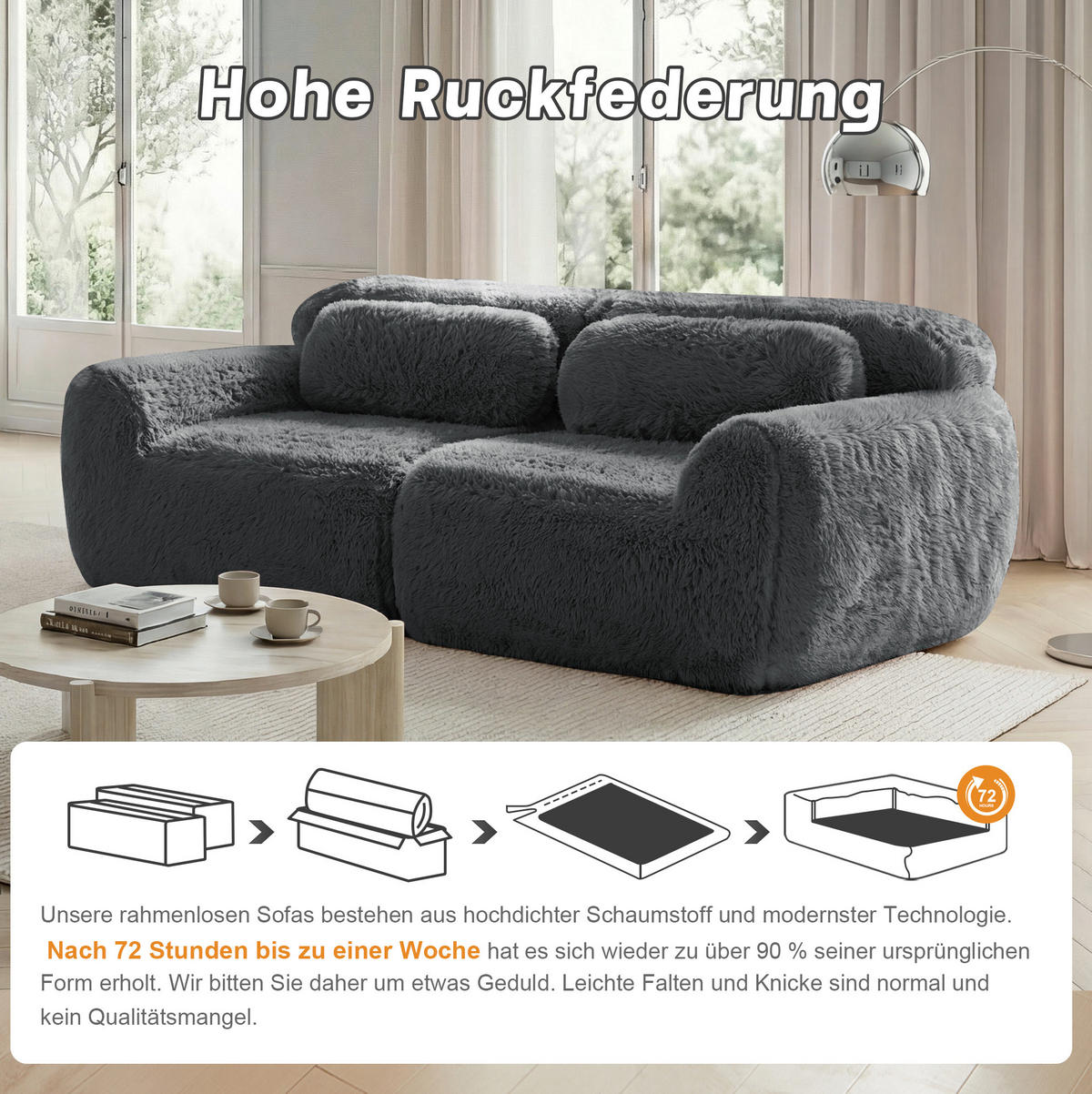 2-SITZER Sofa aus Plüsch mit modularem rahmenlosem Design Grau - Grau, Textil (104/73/204cm) - Modenvie
