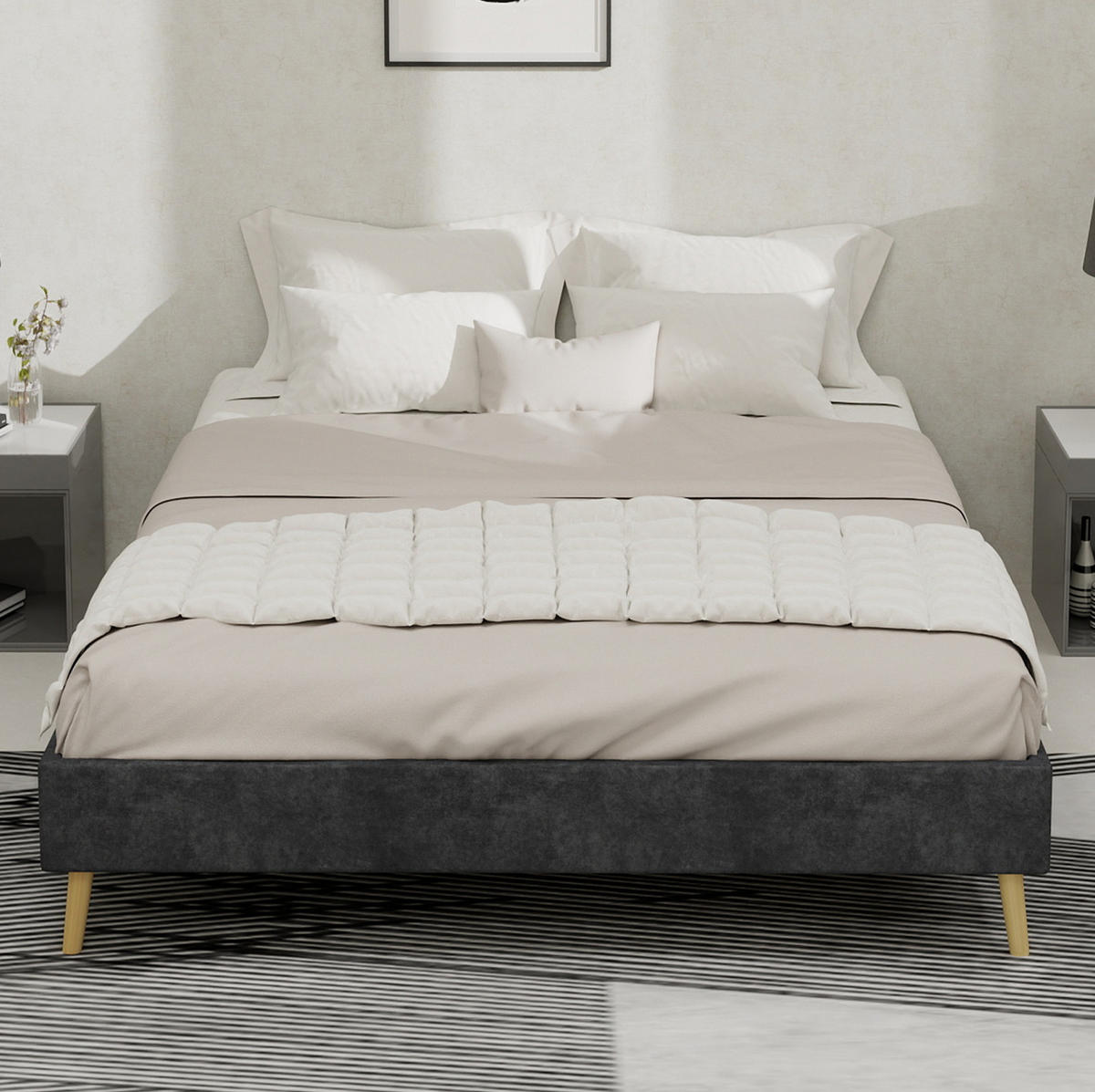 POSTEL 140 x 200 cm šedá z látky a kovu s geometrickým čelem a stabilním roštem - šedá, textil (140/200cm) - OKWISH