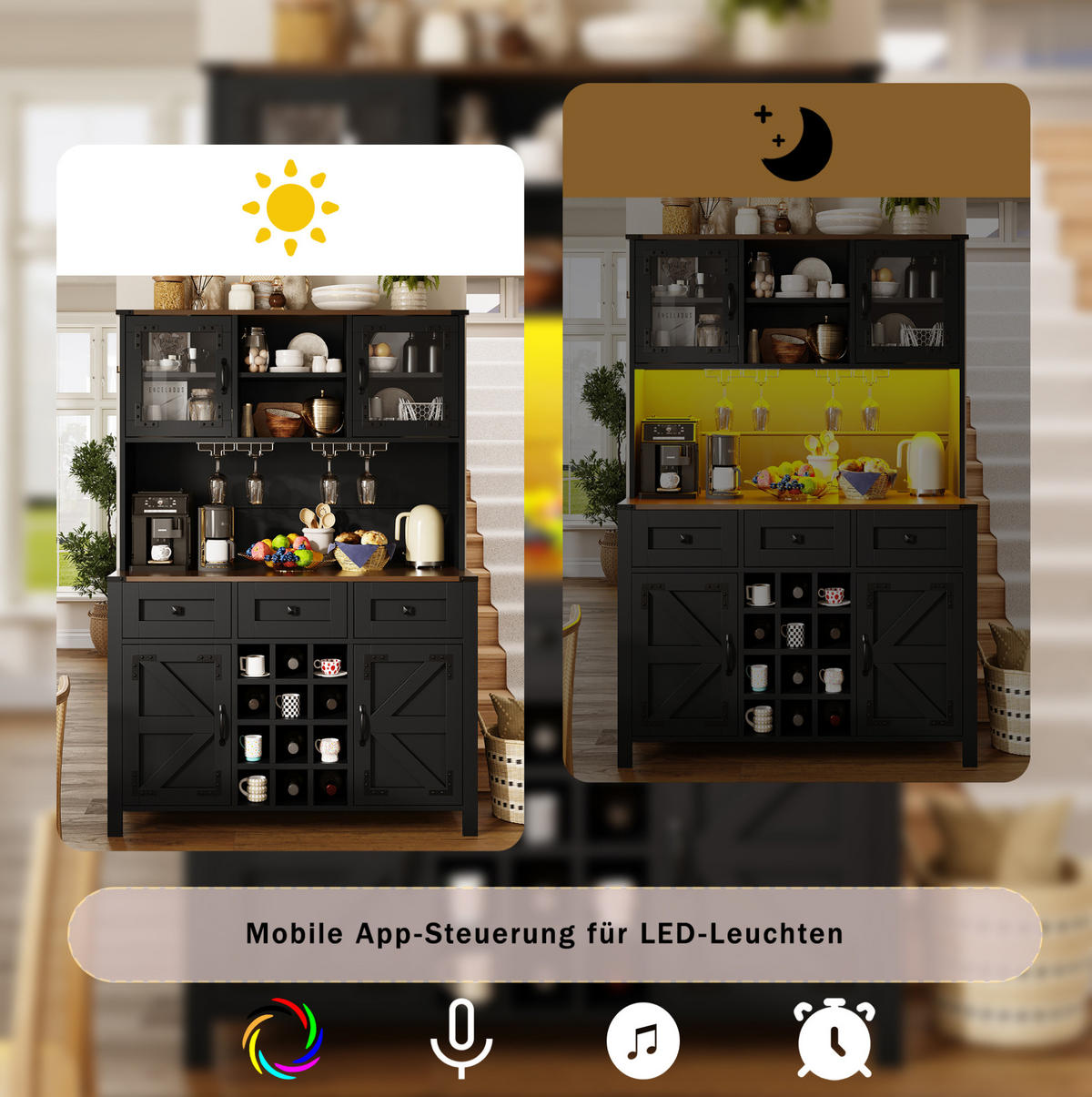 BUFFETSCHRANK 120/40/170 cm mit LED-Beleuchtung, Steckdosenleiste, USB und Weinregal aus MDF und Glas, Schwarz - Schwarz, Holzwerkstoff (120/170/40cm) - Redom