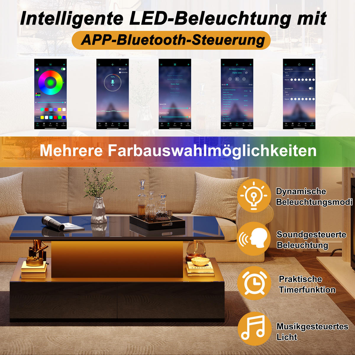 COUCHTISCH Schwarz, 90/55/41 cm mit LED und 4 Schubladen - Schwarz, Holzwerkstoff (55/90/41cm) - PANGIVO