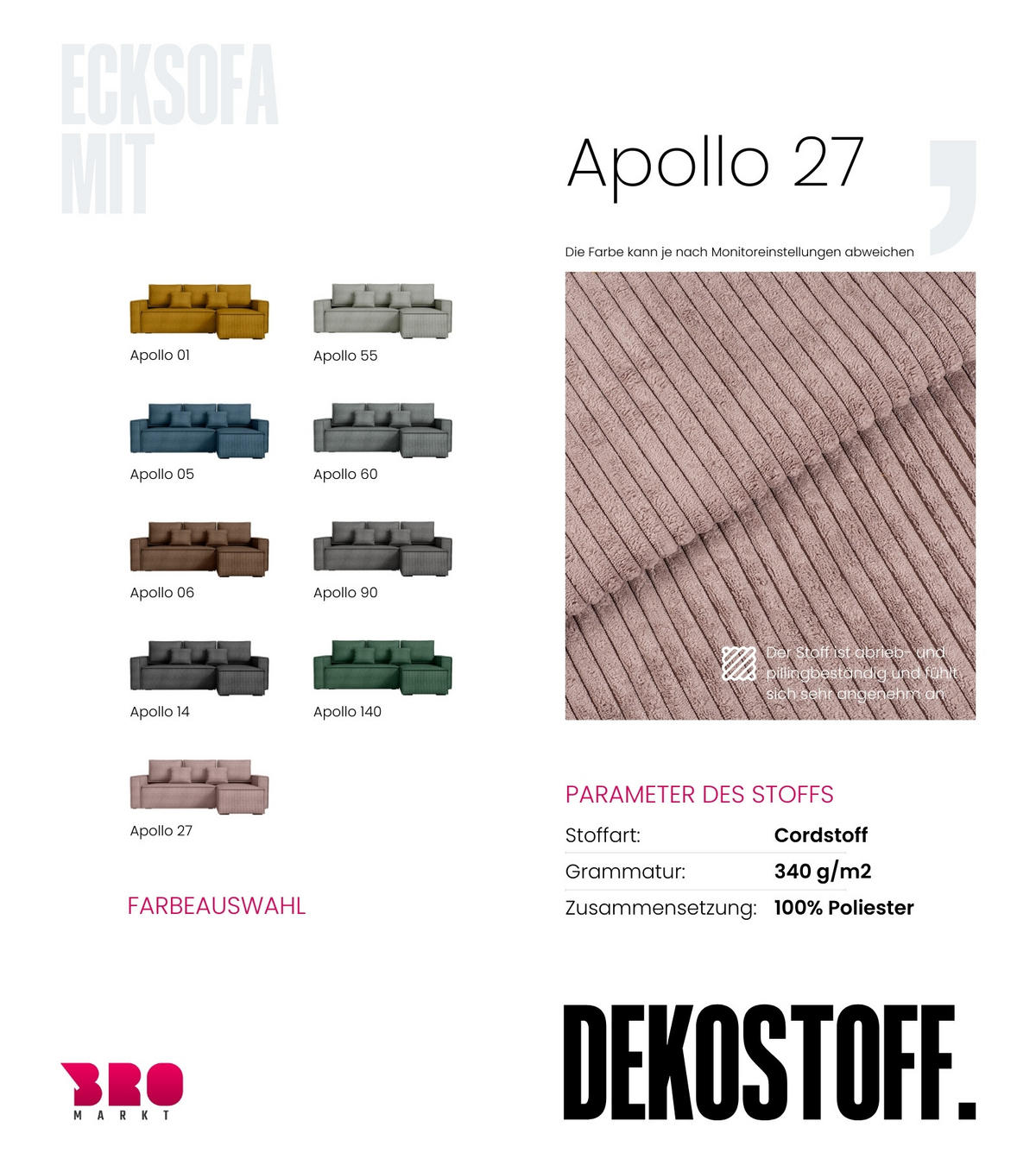 ECKSOFA Dexter mit Schlaffunktion Puderrosa Cord - Rosa, Textil (238/141cm) - Bromarkt