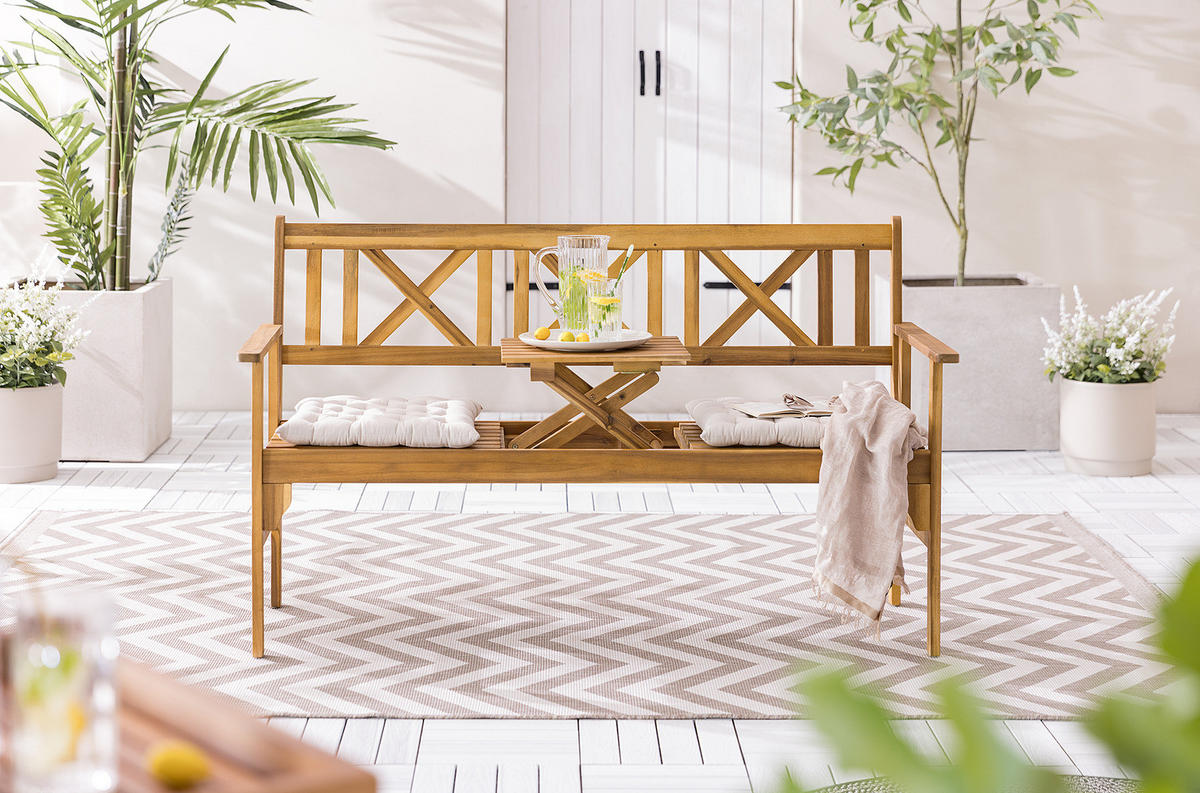 GARTENBANK MIT AUSKLAPPBAREM TISCH - Akazie massiv - Braun - Braun, Holz (150/90/60cm) - home24