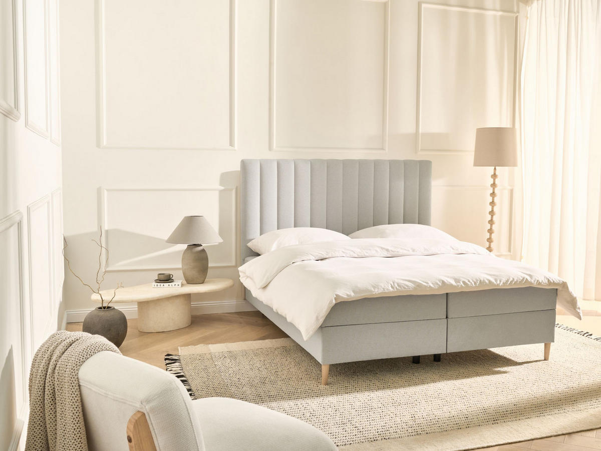 BOXSPRINGBETT mit Stauraum 160/200 cm Stoff Hellbraun Officer - Hellbraun, Textil (160/200cm) - Beliani