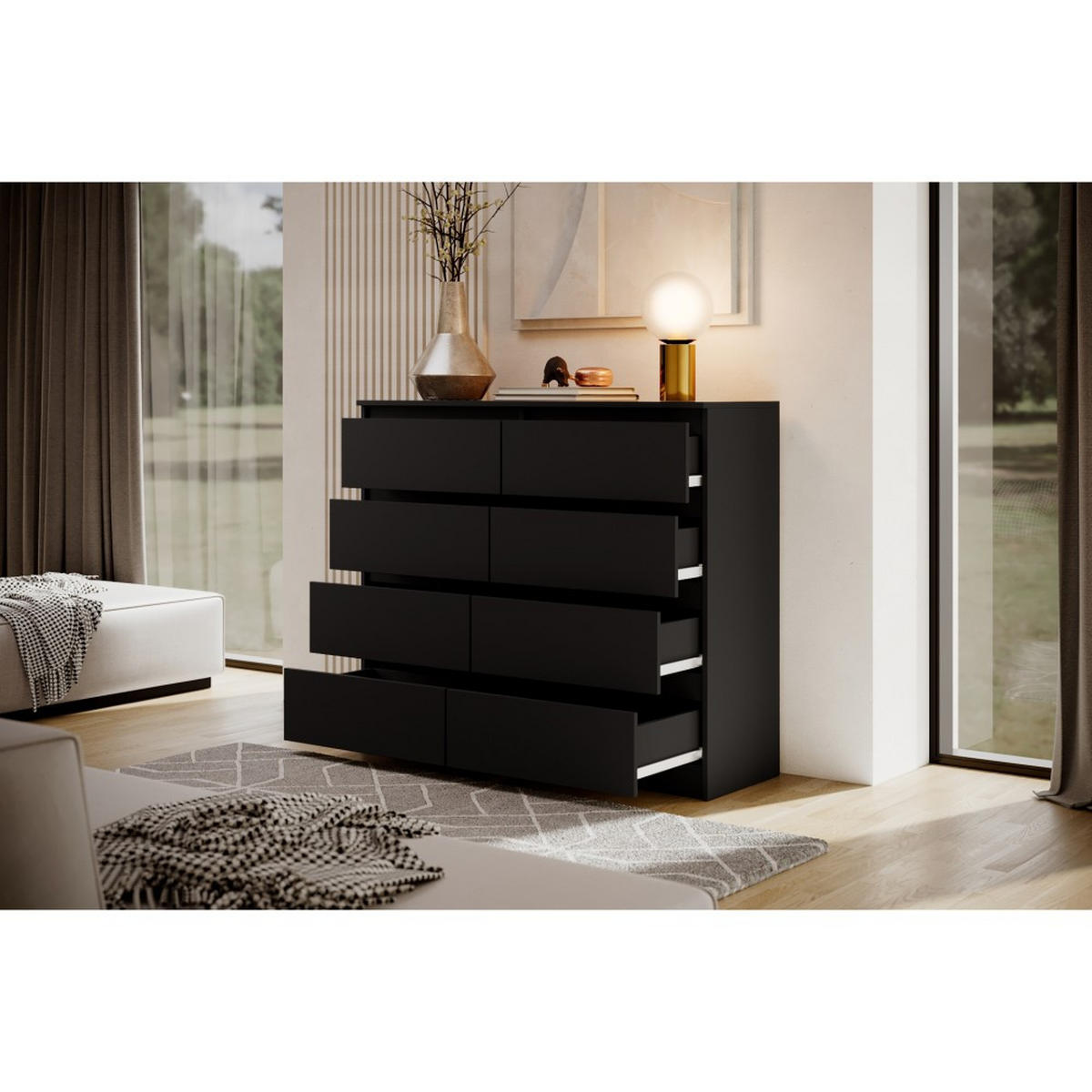 KOMMODE Lemon 120 cm mit acht Schubladen schwarz matt - Schwarz, Holzwerkstoff (120/101.5/39cm) - Beautysofa