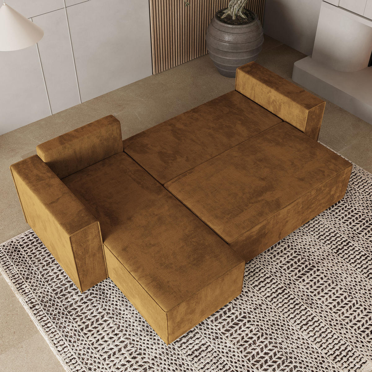 ROHOVÁ SEDAČKA RAVELO žlutá - šedá/žlutá, dřevo/textil (240/140cm) - MASSENO