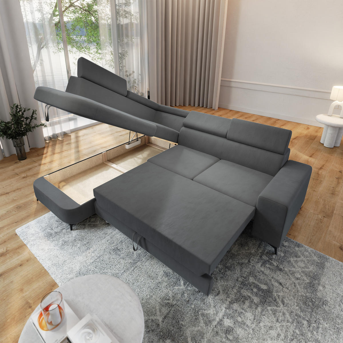 ECKSOFA ALVORO L-S Grau Velours-Stoff mit Schlaffunktion - Grau, Holz (253/190cm) - MASSENO