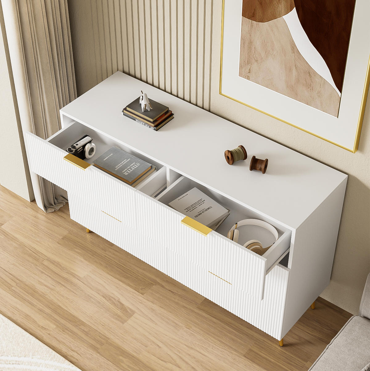 SIDEBOARD 120/40/77 cm Weiß aus Spanplatte mit 6 Schubladen - Weiß, Holzwerkstoff (120/77/40cm) - OKWISH