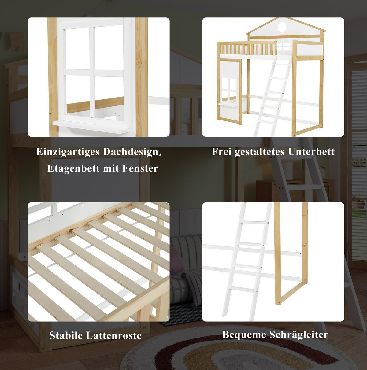 ETAGENBETT 90/200 cm mit Treppe, Fallschutz, Dach und Fenstern aus Kiefer und MDF, Weiß/Natur - Weiß, Holz (90/200cm) - Redom