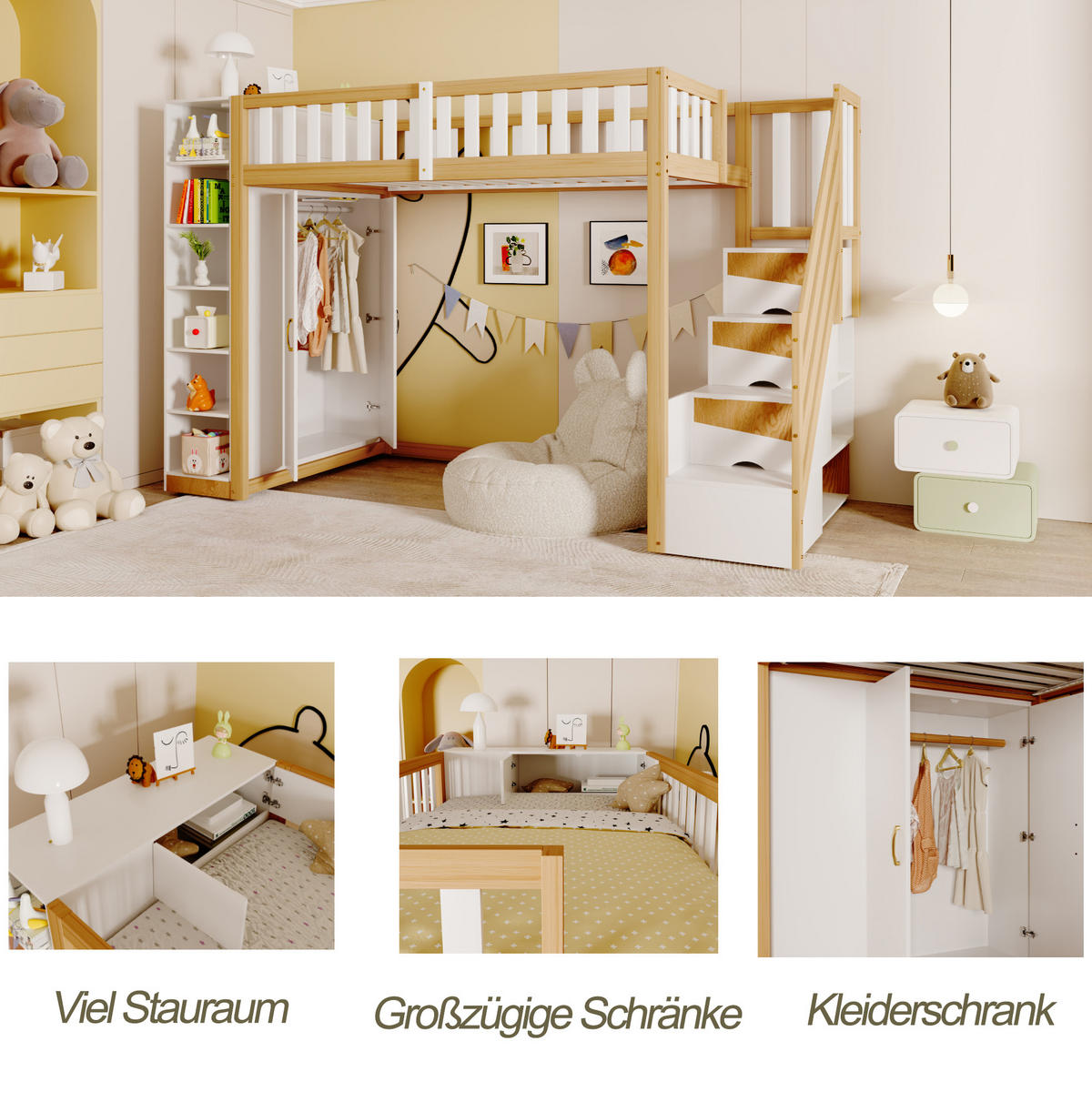 HOCHBETT 90/200 cm in Weiß/Natur mit Kleiderschrank, Regalen und Leiter - Weiß, Holzwerkstoff (90/200cm) - BEAOK