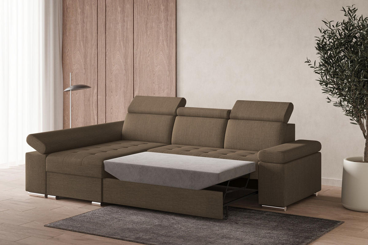 ECKSOFA mit Schlaffunktion Luka L Twist 06 - Braun - Links - Silberfarben/Braun, Holzwerkstoff (260/168cm) - Möblo