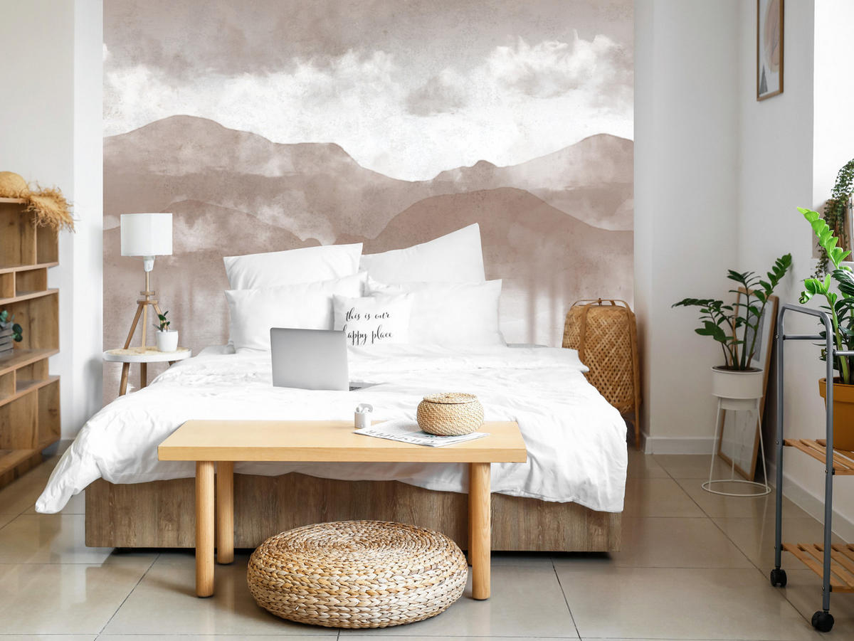 FOTOTAPETE für Schlafzimmer Beige Berglandschaft Nebelwald Vintage 300x210 - Beige/Braun, Papier (300/210cm) - Muralo