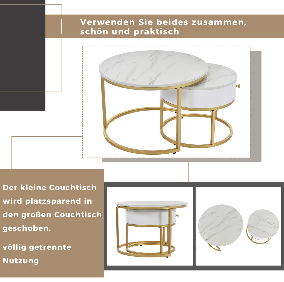 KOMPLET klubskih mizic, 70/70/48 in 50/50/43,5 cm, MDF bela visok sijaj - bela, leseni material (70/70/48cm) - BEAOK