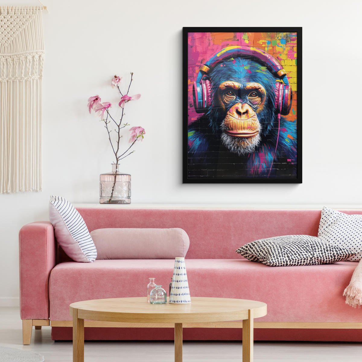 GERAHMTES BILD Graffiti - Schimpanse - Straßenkunst - Kopfhörer - Affe 60x80 cm - Blau, Papier (60/80cm) - MuchoWow