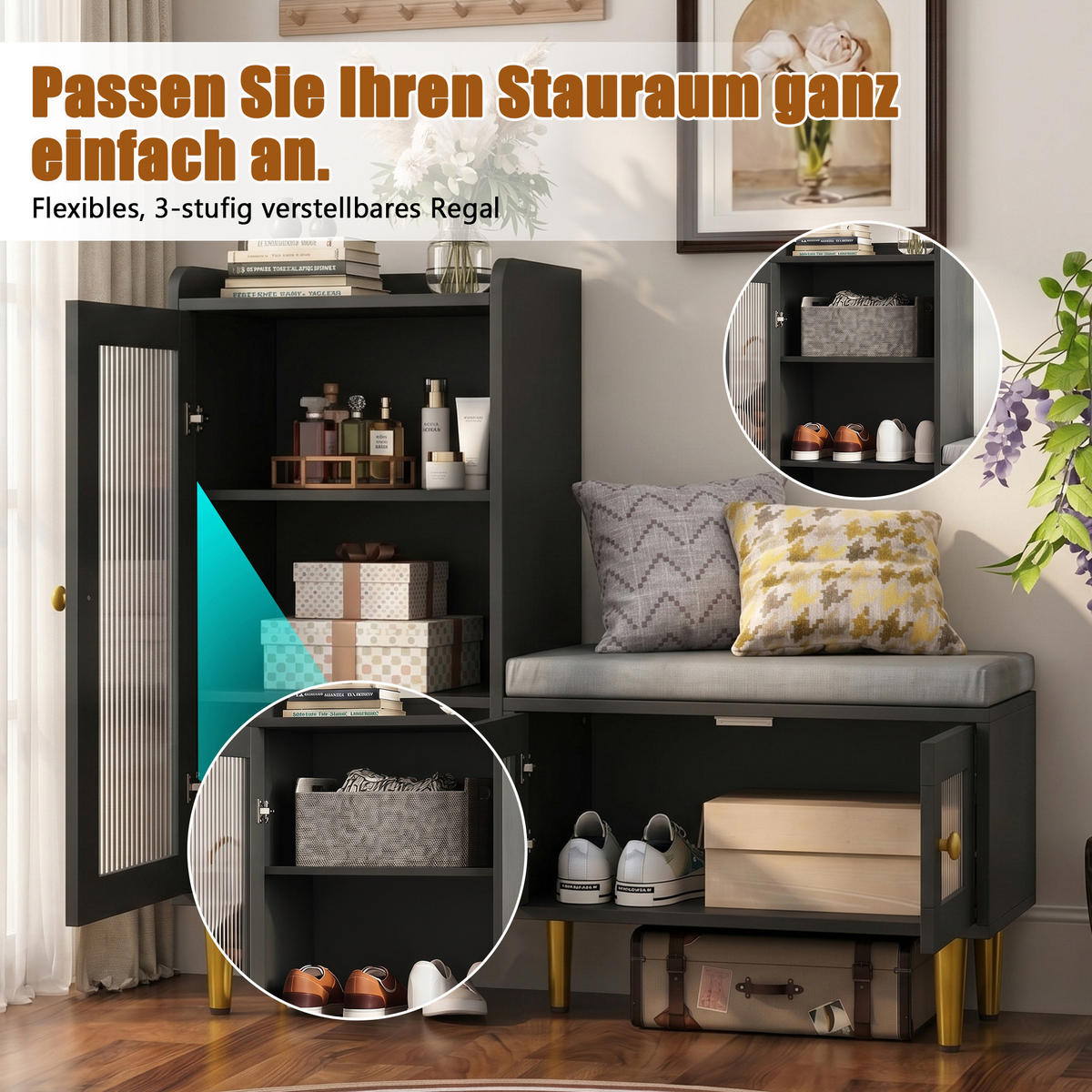 SCHUHSCHRANK mit Sitzbank, 3 Türen, verstellbare Einlegeböden, 100 x 35 x 90 cm, schwarz - Schwarz, Holz/Metall (35/90/100cm) - GENKI LIVING