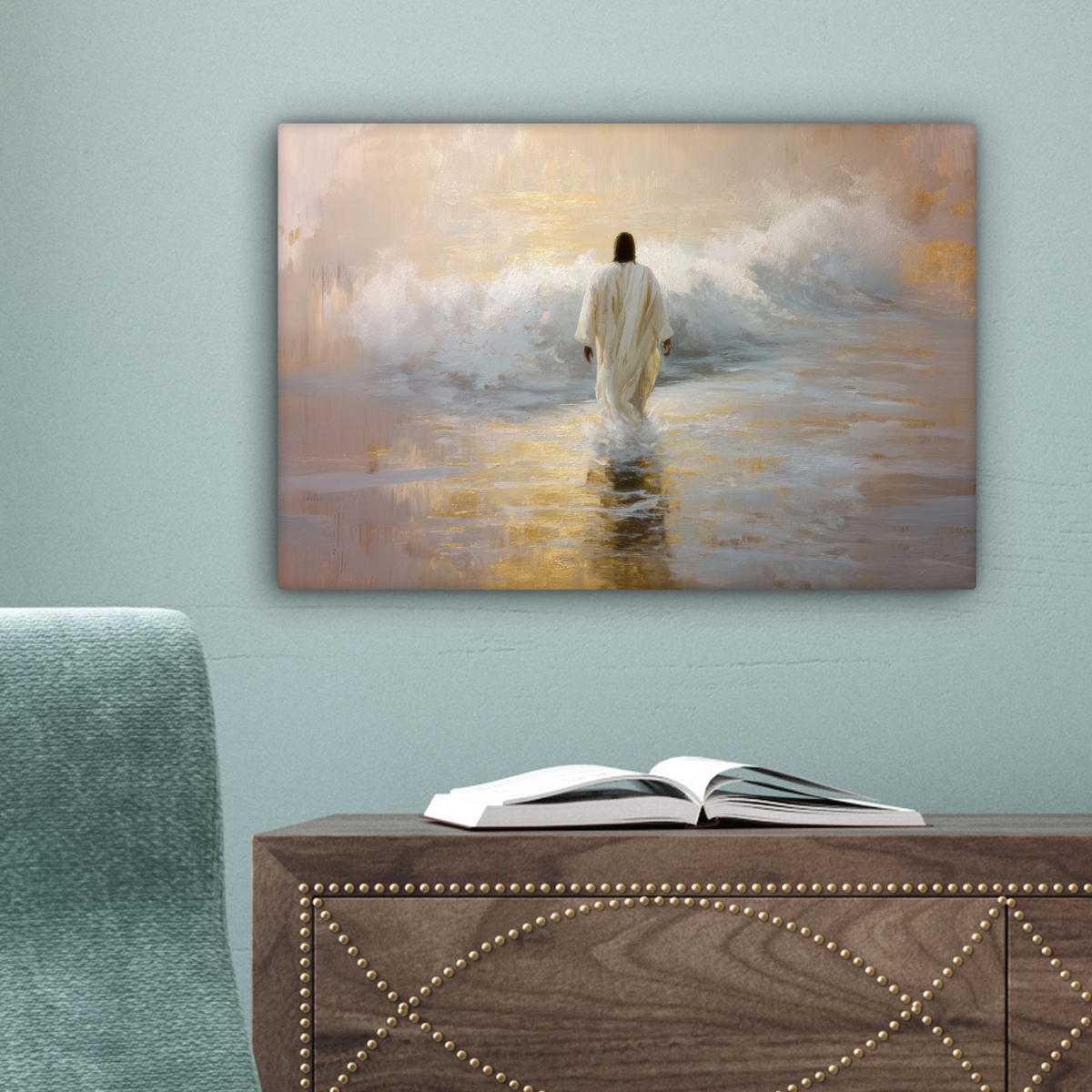 LEINWANDBILD Gemälde - Welle - Jesus - Abstrakt Deko Schlafzimmer 30x20 cm - Goldfarben, Textil (30/20cm) - MuchoWow