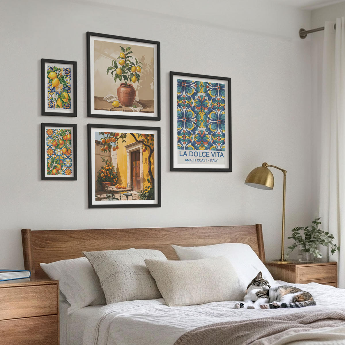 BILDER SET 5er Set - 50x50 cm & 20x30 cm & 40x60 cm Schwarzer Rahmen - Zitronen, Blumen, Orangen, Italien - Schwarz, Kunststoff (40/60cm) - TULUP