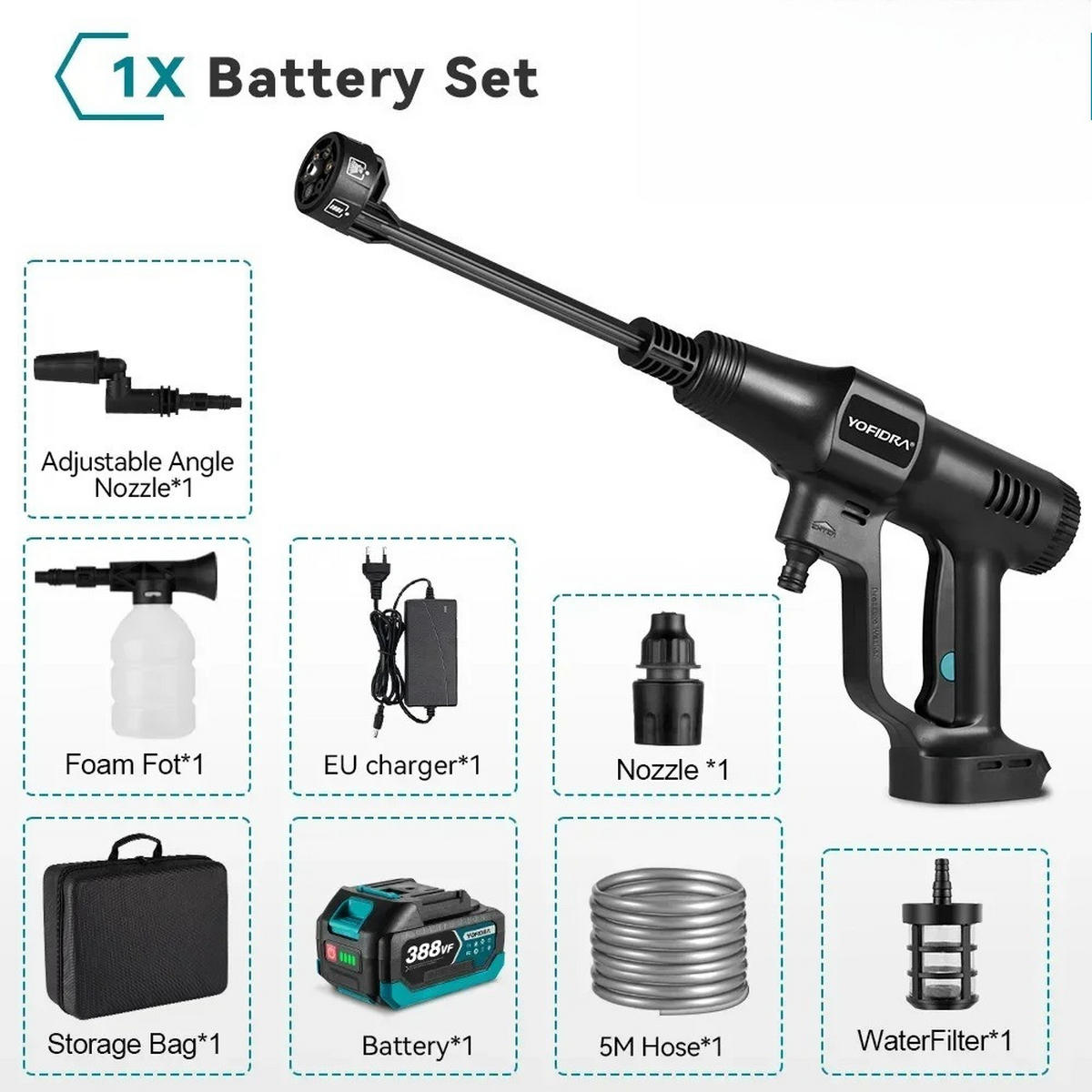 ELEKTRO-HOCHDRUCKREINIGER 6IN1 200Bar Bürstenloser für Makita Akku, Mit 1 Batterie - Schwarz, Kunststoff (41.5/23cm) - Coonoor
