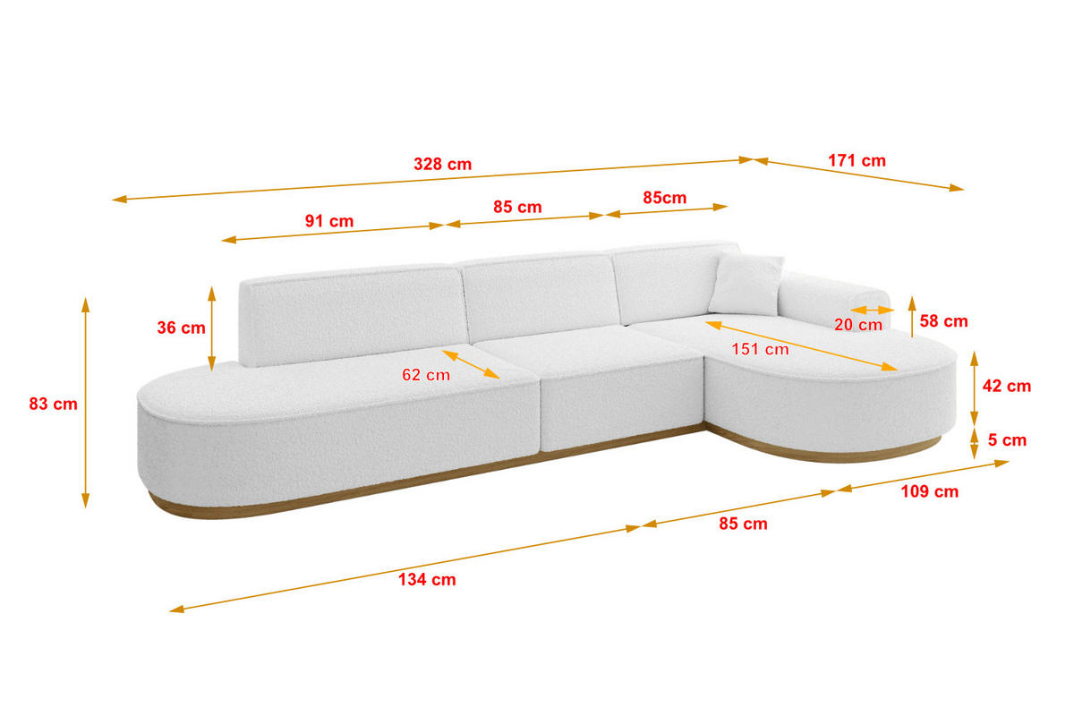 ECKSOFA Ottomane Rechts MARI-L2-v2 - 328x171x83 cm Weiß Bouclé - Weiß, Holzwerkstoff/Textil (171/328cm) - ALTDECOR