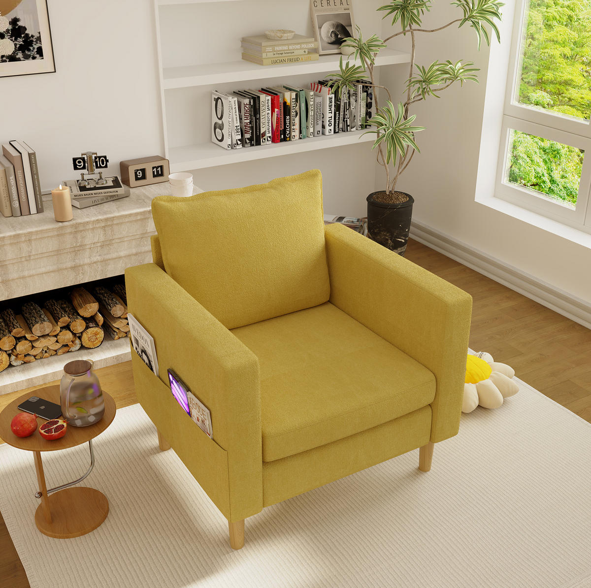 SESSEL 71/68/82 cm in Senfgelb aus Chenille mit Seitentasche - Currygelb, Textil (71/82/68cm) - BEAOK