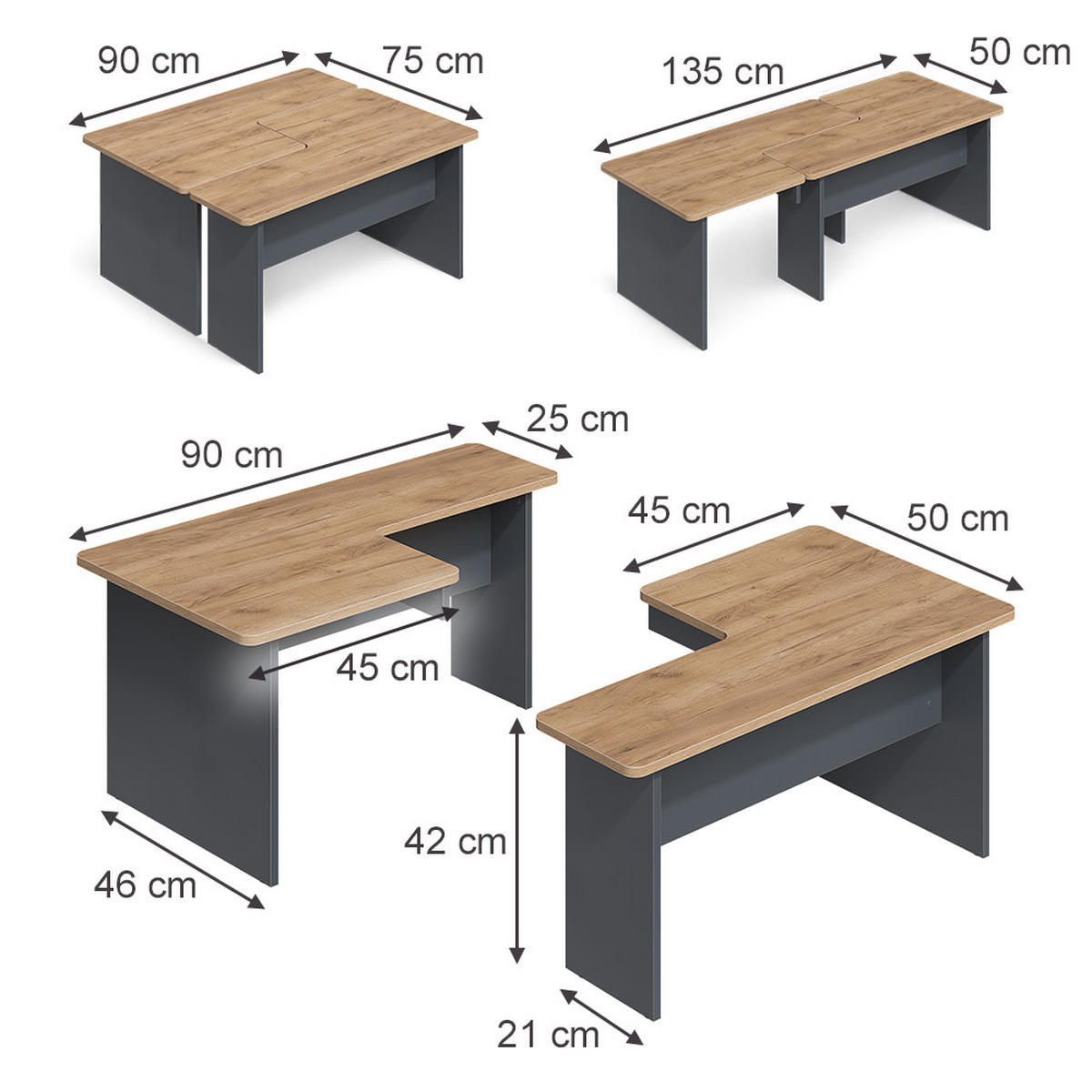 SET MASUTA DE CAFEA Duvo, Stejar auriu/antracit, 135 x 50 cm Set de 2 - stejar miere/antracit, compozit lemnos (50/135/42cm) - Vicco