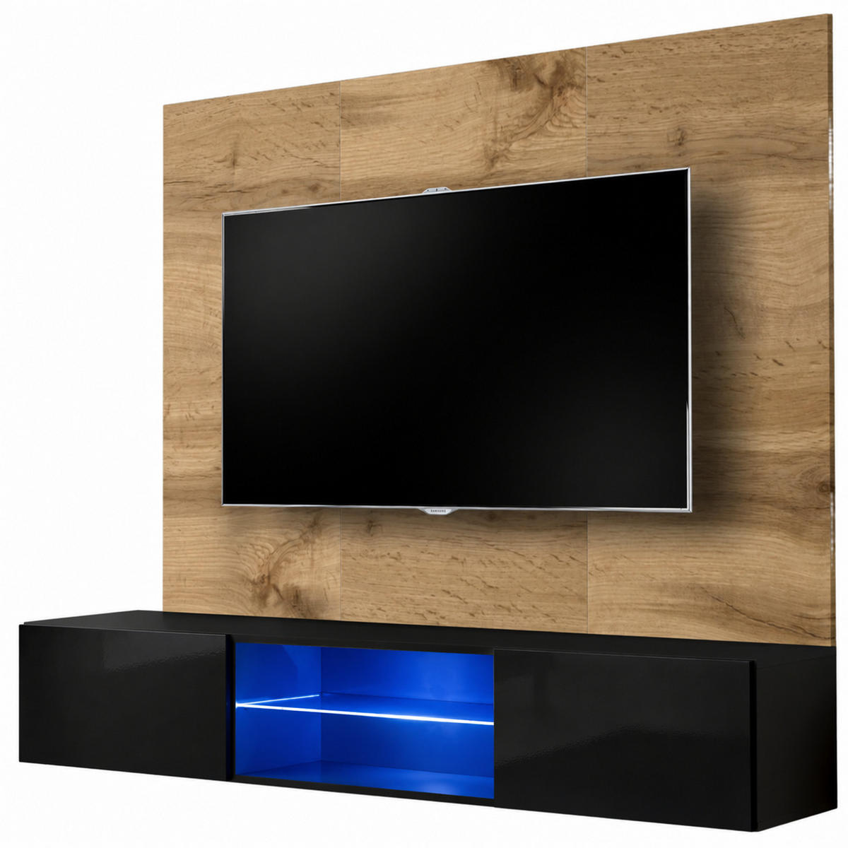 TV-LOWBOARD Eiche Wotan und schwarz 180 cm hängend, Set inklusive LED-Beleuchtung - Eiche Wotan/Schwarz, Glas/Holzwerkstoff (180/148/40cm) - Inn.Furn
