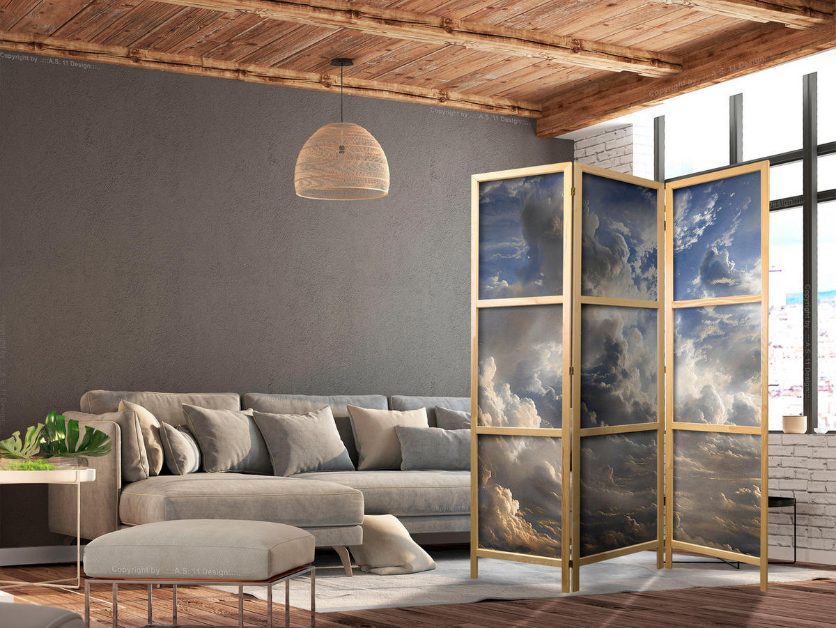 PARAVENT Japanischer 3-tlg 135x172 cm Wolken 3D Effekt - Multicolor, Holz/Textil (135/172/3cm) - Muralo