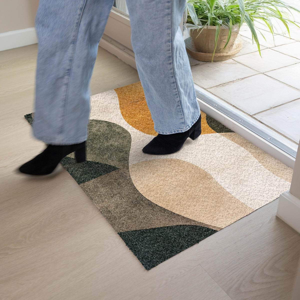 FUSSMATTE Formen - Ockergelb - Abstrakt 90x60 cm - Multicolor, Kunststoff (90/0.4cm) - MuchoWow