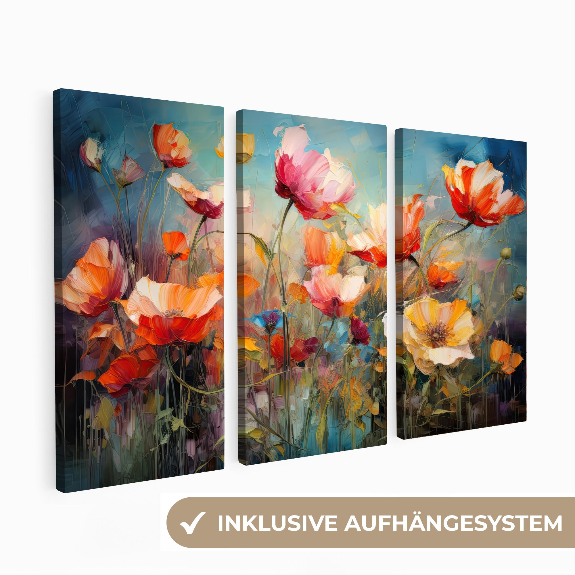 LEINWANDBILD - 3er Set - Blumen - Bunt - Abstrakt - 120x80 - Blaugrau, Textil (120/80cm) - MuchoWow