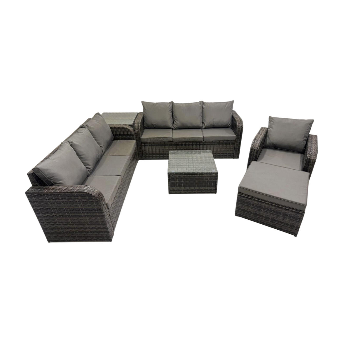 GARTENMÖBEL SET mit 3-SITZER SOFA Polyrattan Dunkelgrau 8-Sitzer - Dunkelgrau/Grau, Glas/Kunststoff - Fimous