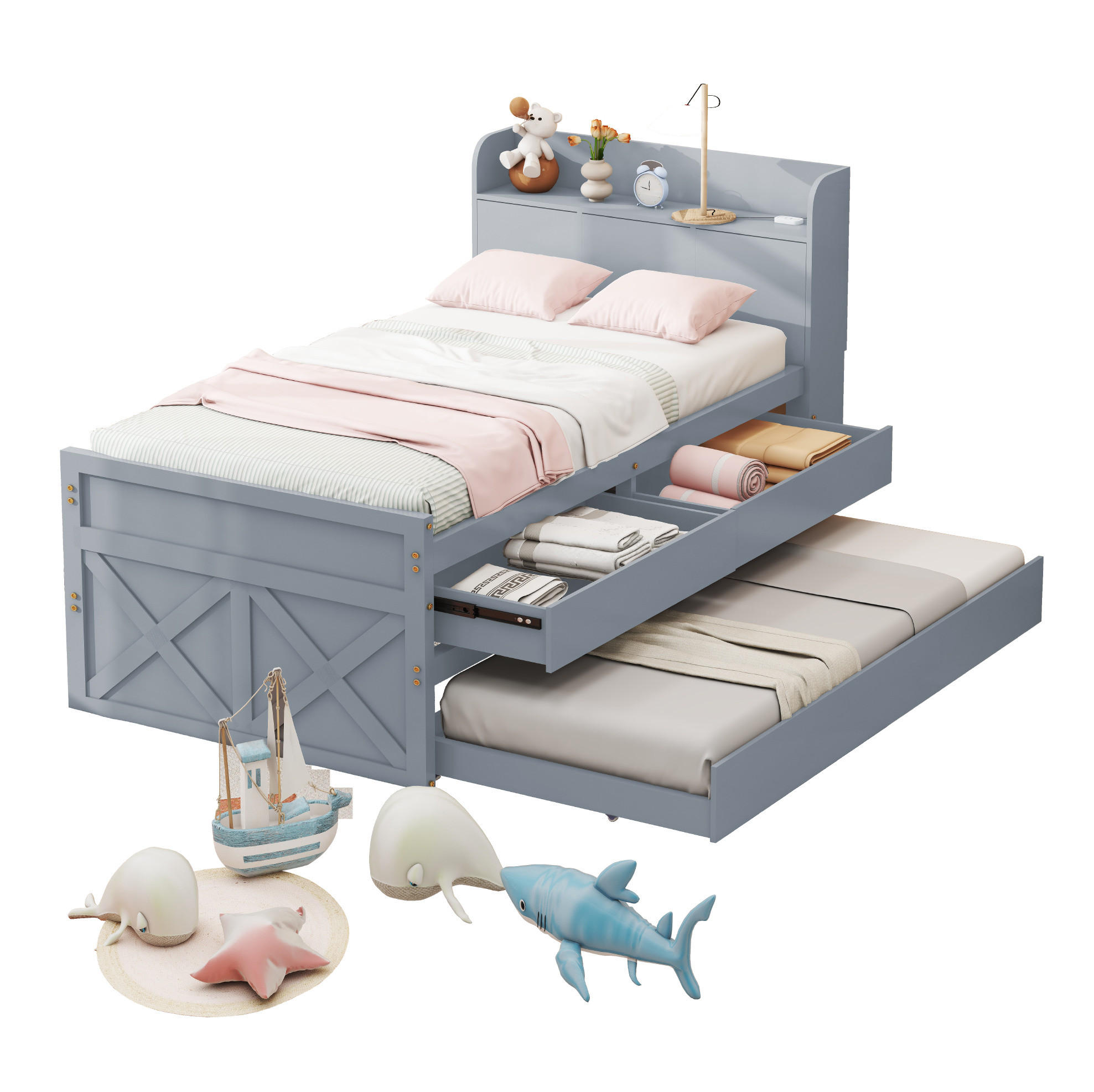 EINZELBETT 90/190 cm grau Multifunktionales Massivholzbett mit USB-Anschluss und ausziehbarem Bett - Grau, Holz (90/200cm) - OKWISH