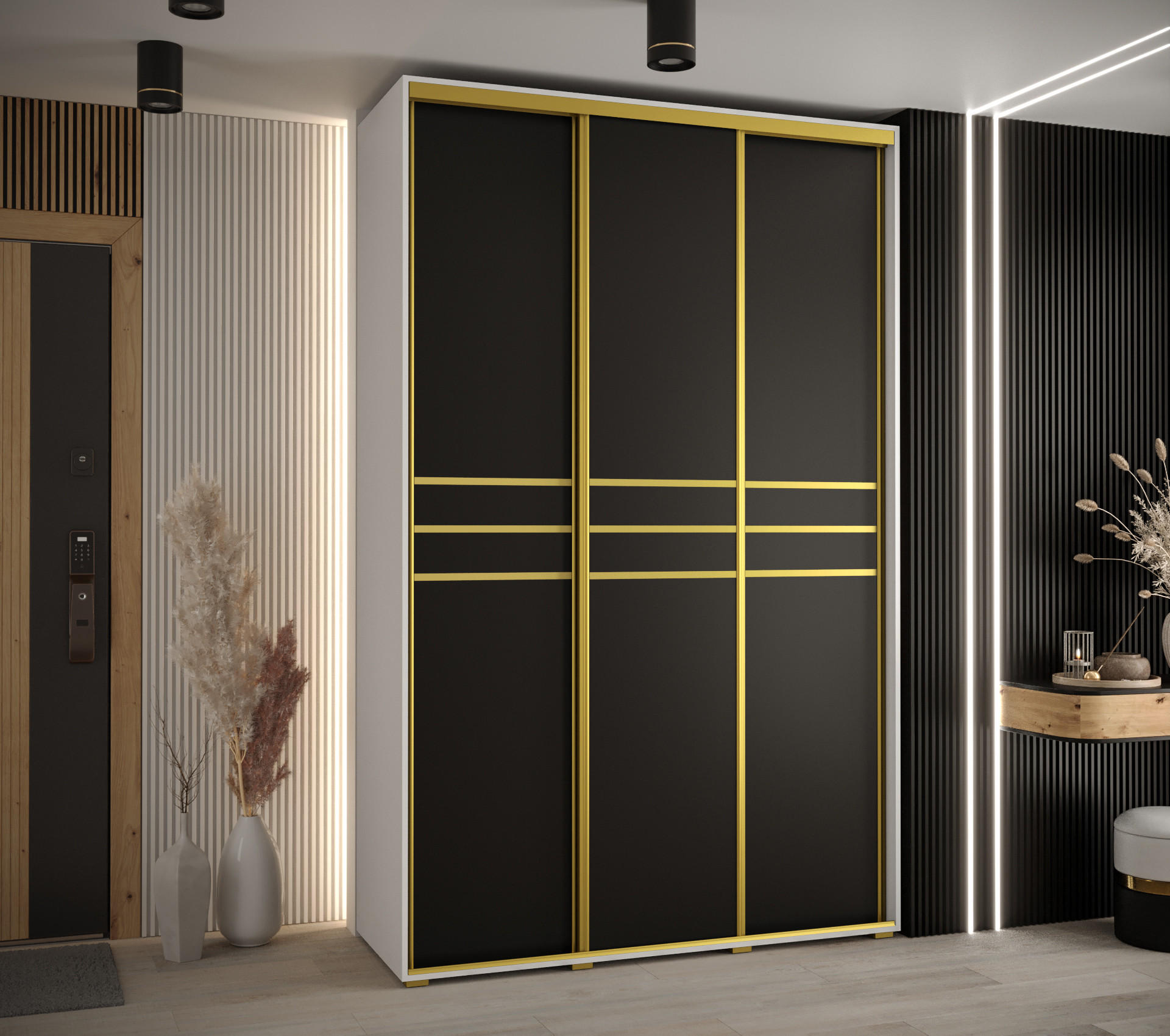 SCHWEBETÜRENSCHRANK 235,2/160/45 3-türig - Goldfarben/Schwarz, Holz/Metall (160/235/45cm) - Abiks Möbel