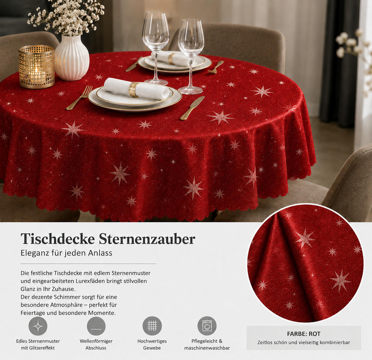 TISCHDECKE 180 rund Lurex Sterne Rot - Rot, Textil (180cm) - TiborTex