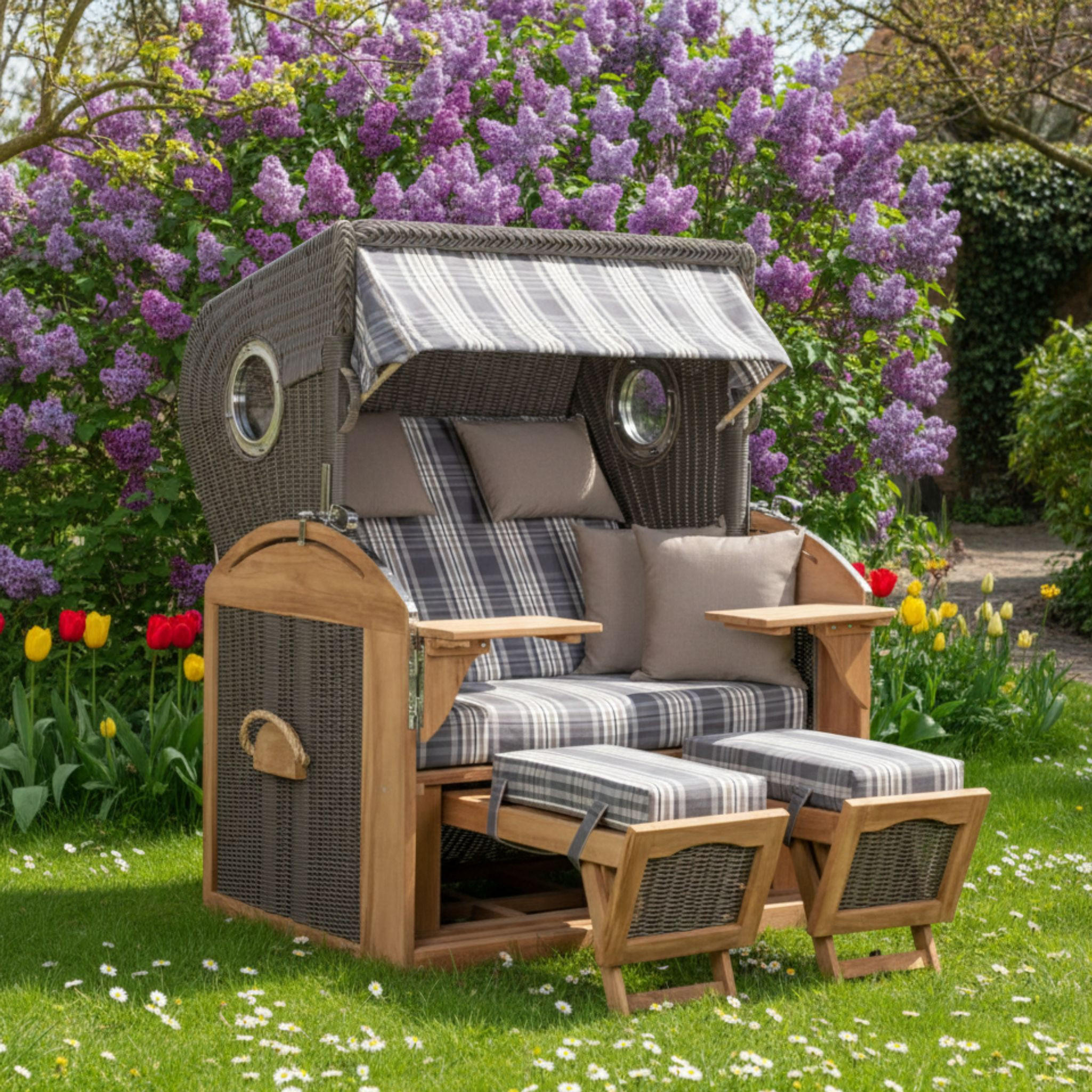 Thumbnail - Mr. Deko Strandkorb, Grau, Metall, Kariert, Füllung: Schaumstoff,Schaumstoff,Schaumstoff,Schaumstoff, 142x170x95 cm, Gar...