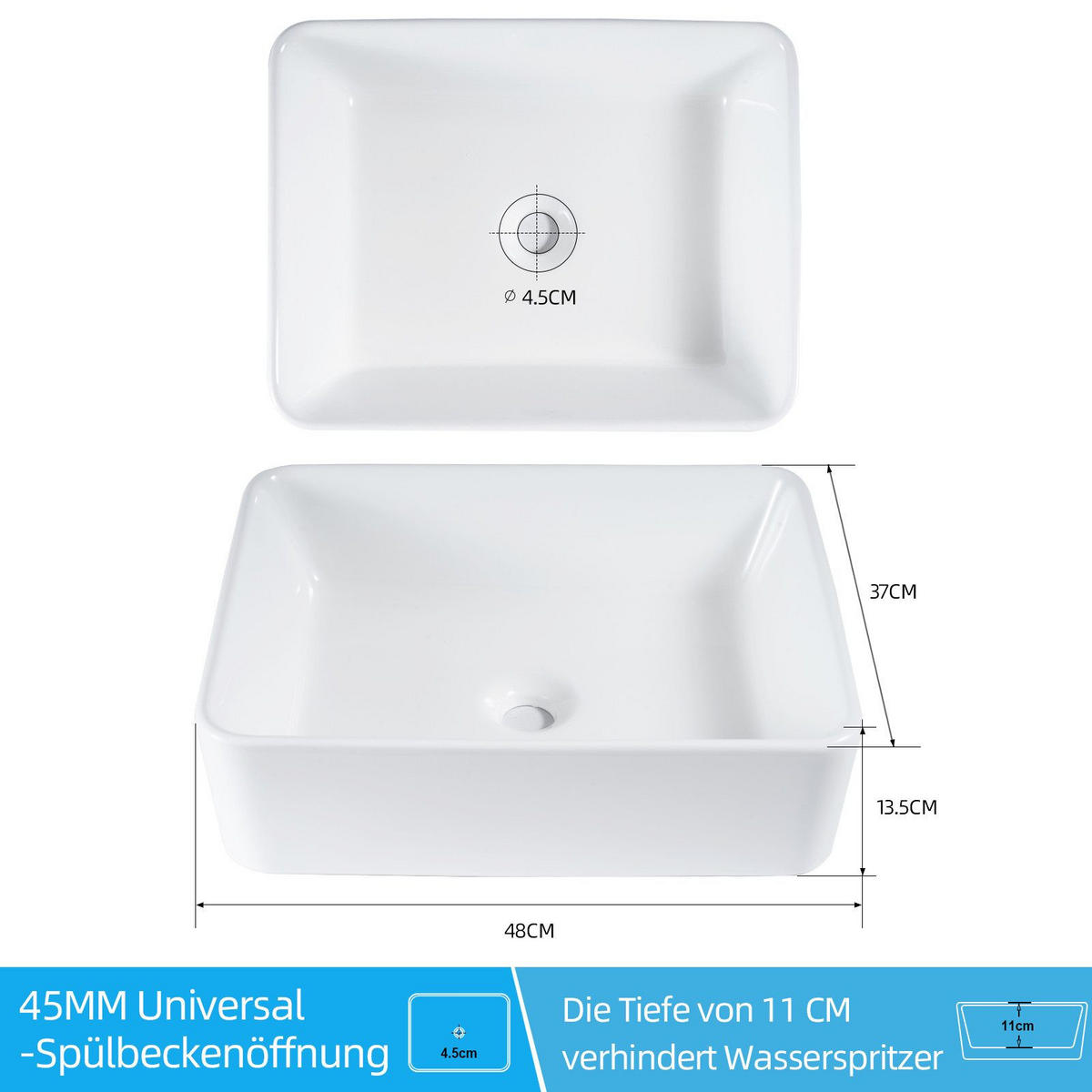 WASCHBECKEN Baunach II 48/37/13.5cm - Weiß, Keramik (37/13.5/48cm) - Nettlife