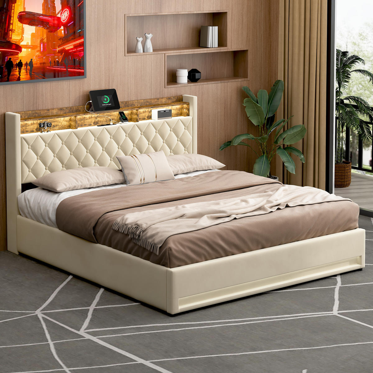 POLSTERBETT 160/200 cm mit Matratze und Bettkasten Boxspringbett mit Steckdose und LED-Licht, in Beige - Beige, Holzwerkstoff/Textil (160/200cm) - STILVORA