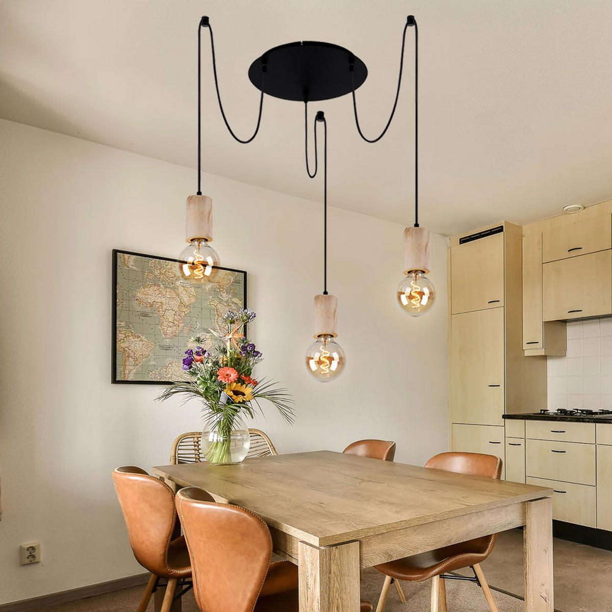 HÄNGELEUCHTE Metall Holzoptik Schwarz - Schwarz, Holz (35/35/160cm) - Globo Lighting