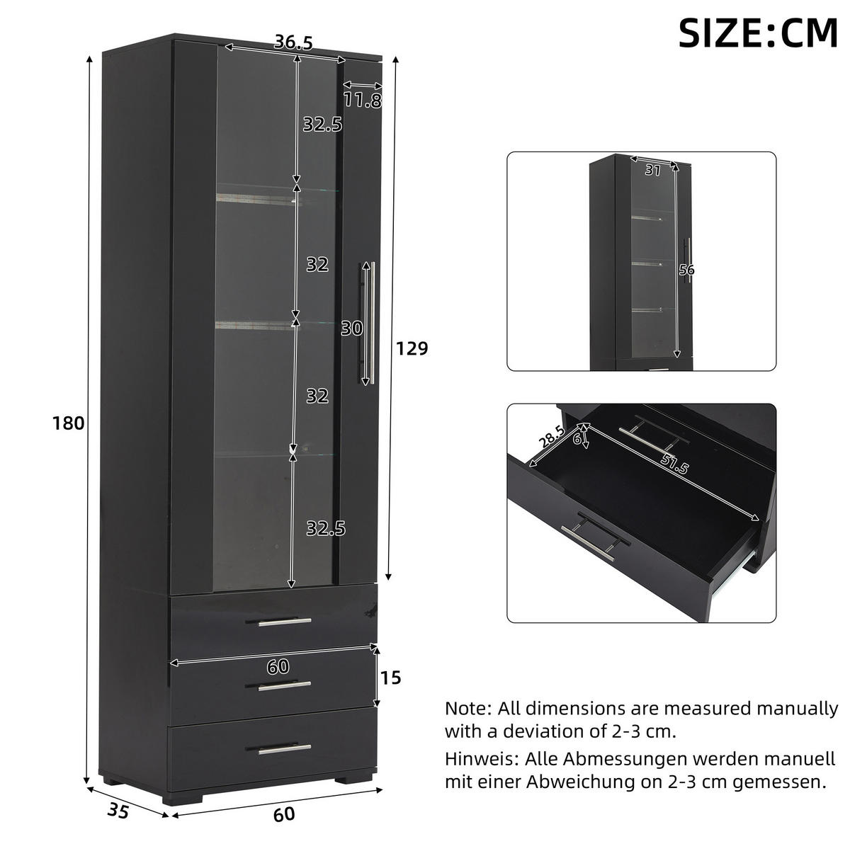 VITRINE aus MDF 60x35x180 cm Schwarz mit LED-Beleuchtung, Hochglanzfront und 3 Schubladen - Schwarz, Holzwerkstoff (60/180/35cm) - IVMEU