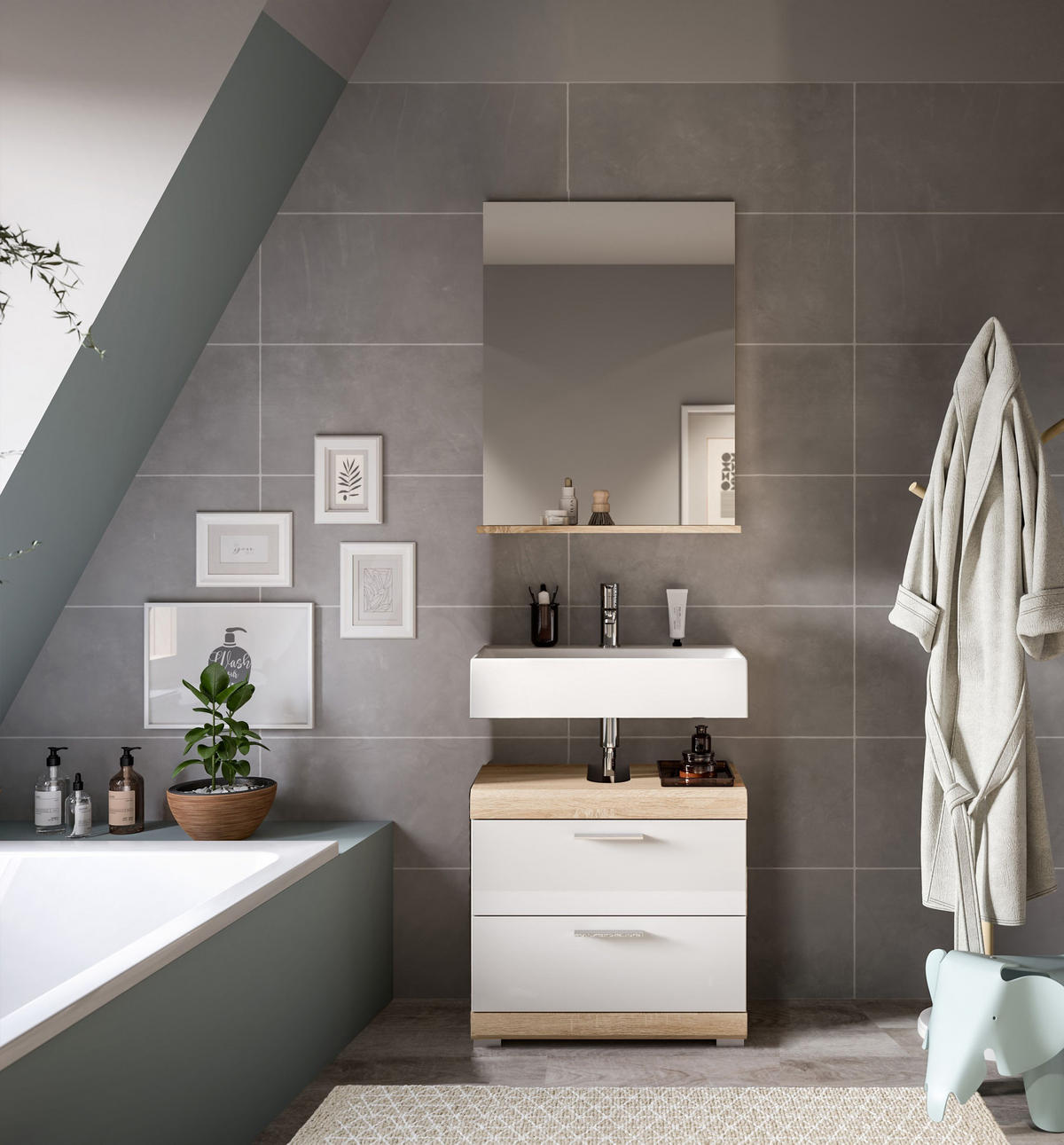 BADKOMBINATION 2tlg. Lambada Bad in Sonoma Eiche hell und weiß hochglanz B/H/T: 60x191x34 cm - Sonoma Eiche, Holz (60/191/37cm)