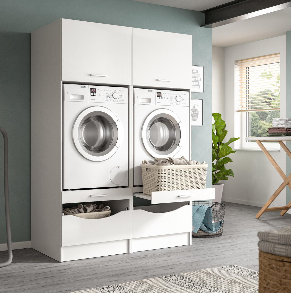 WASCHMASCHINENSCHRANK weiß Set 2-teilig 132 cm, Waschmaschinenumbau mit viel Stauraum - Silberfarben/Weiß, Glas/Holzwerkstoff (132/195/68cm) - Inn.Furn
