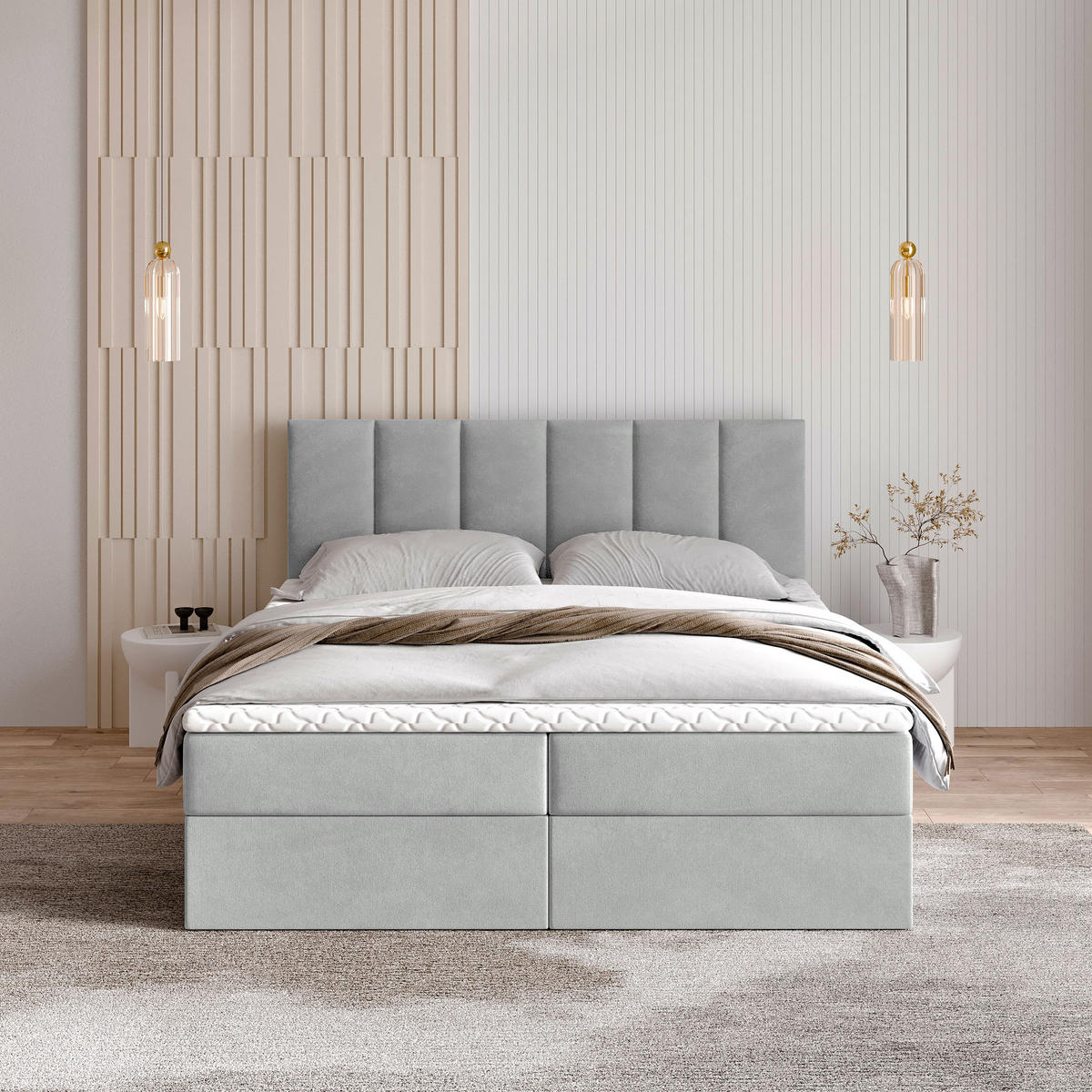 BOXBETT MERIL 140x200 cm mit Matratze und Topper - Hellgrau - Hellgrau, Holz (140/200cm) - MASSENO