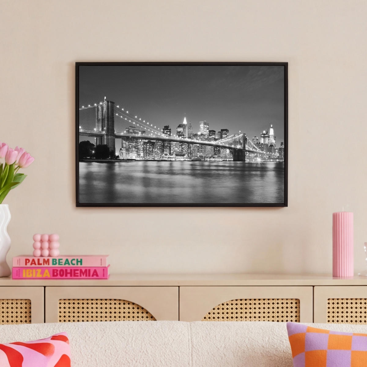 LEINWAND Bilder mit Rahmen - New York - Brücke - Brooklyn - Schwarz und weiß - Architektur - 60x40 - Schwarz, Textil (60/40cm) - MuchoWow