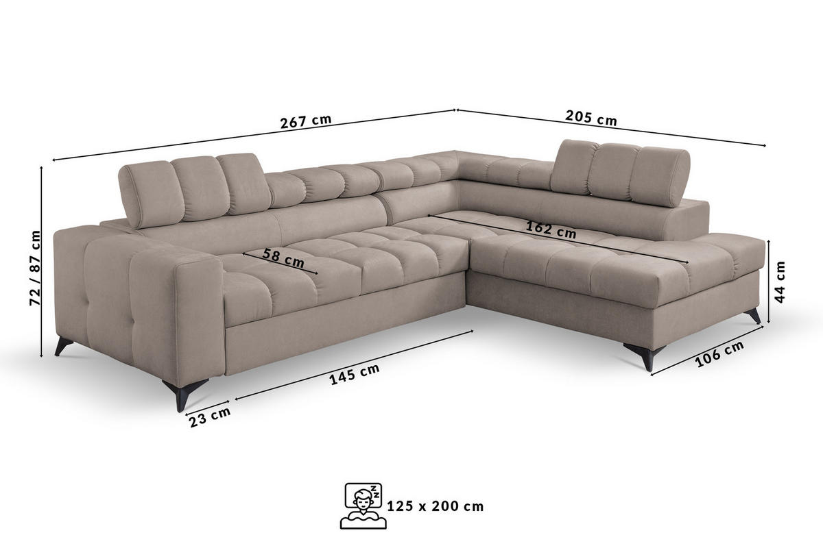 ECKSOFA Andrea L-Form mit verstellbaren Kopfstützen Schlaffunktion Bettkasten 267 cm links beige - Beige, Kunststoff (106/267cm) - Margaret Hadas24