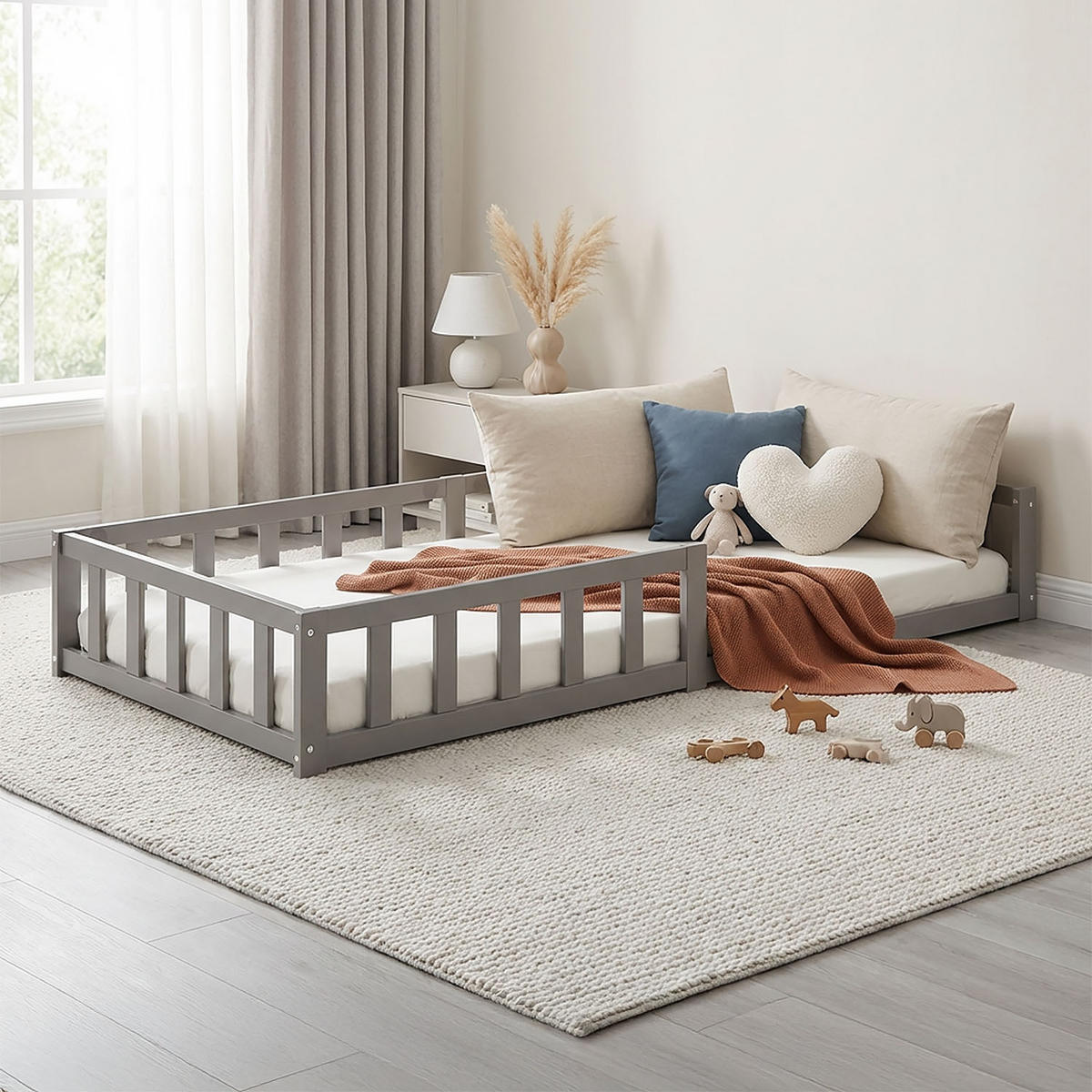 BODENBETT Grau 90x200 cm mit Lattenrost Kind - Grau, Holz (90/200cm) - Homestyle4u