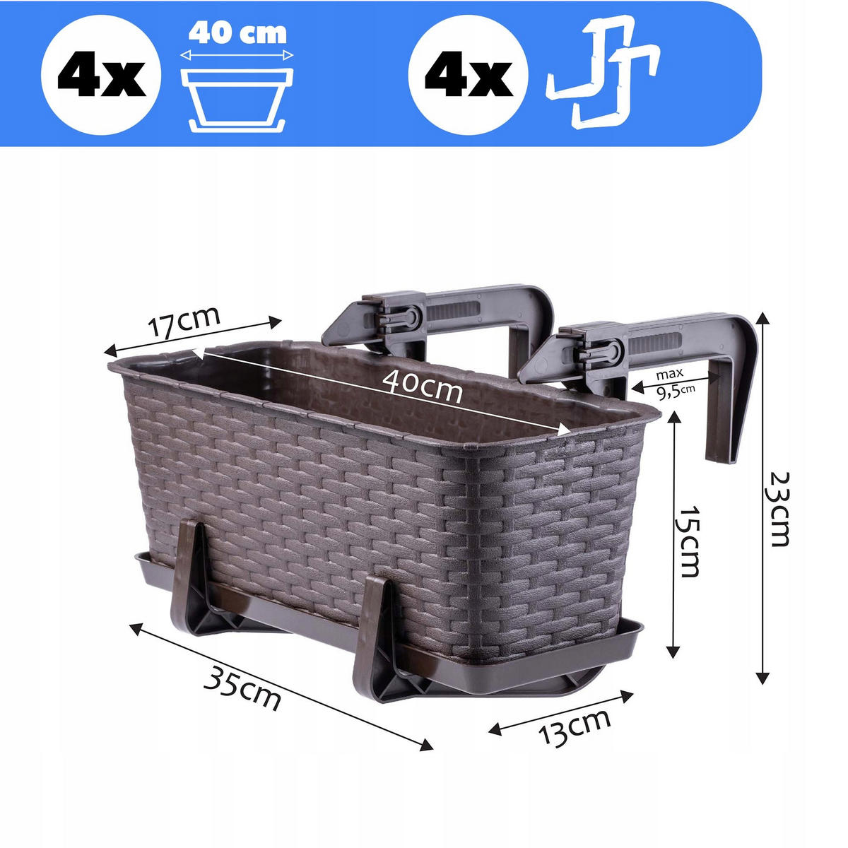 BALKONKASTEN mit Griffen, Braun, 40 cm, 4 Stk. - Braun, Kunststoff (17/40cm) - KADAX